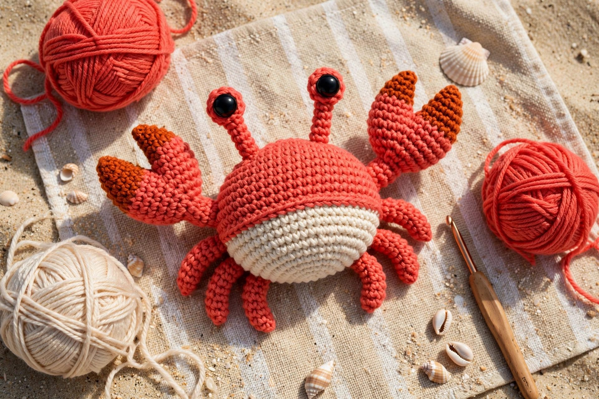 Flat lay of a finished coral red crochet crab with yarn balls, a crochet hook and shells beside him on a beach towel