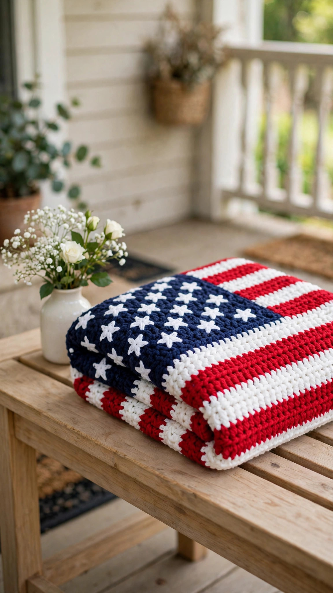 Folded crochet American flag blanket on a porch bench showing the navy field and white applique stars