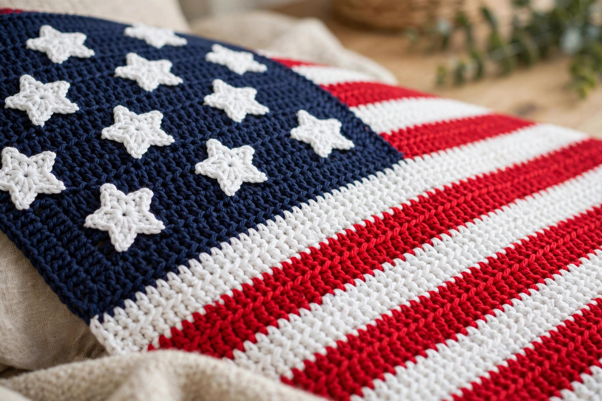 Close-up detail of the navy blue field with white crocheted star appliques on the American flag throw