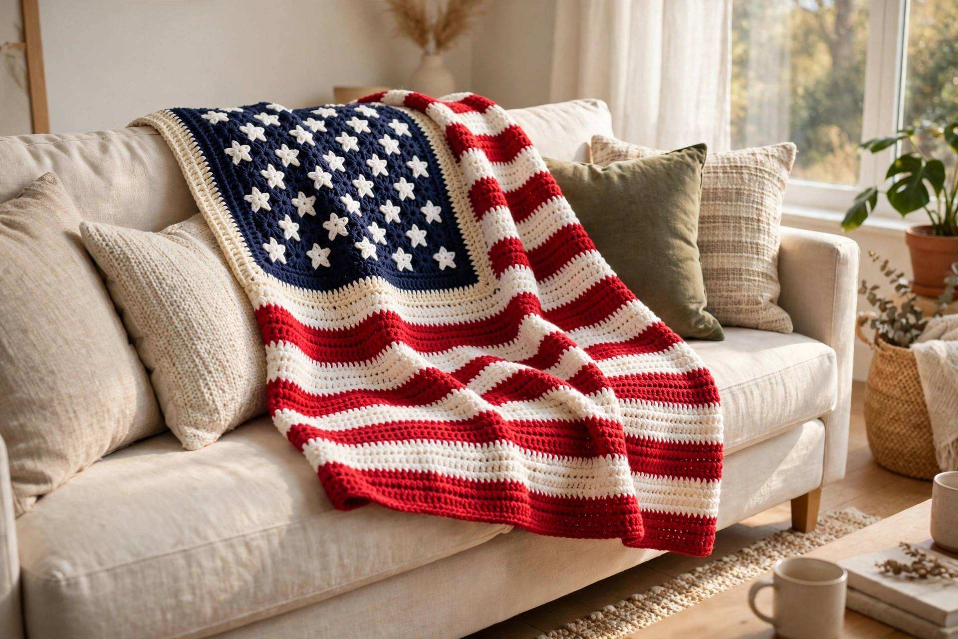 Crochet American flag throw draped over a sofa in a bright living room