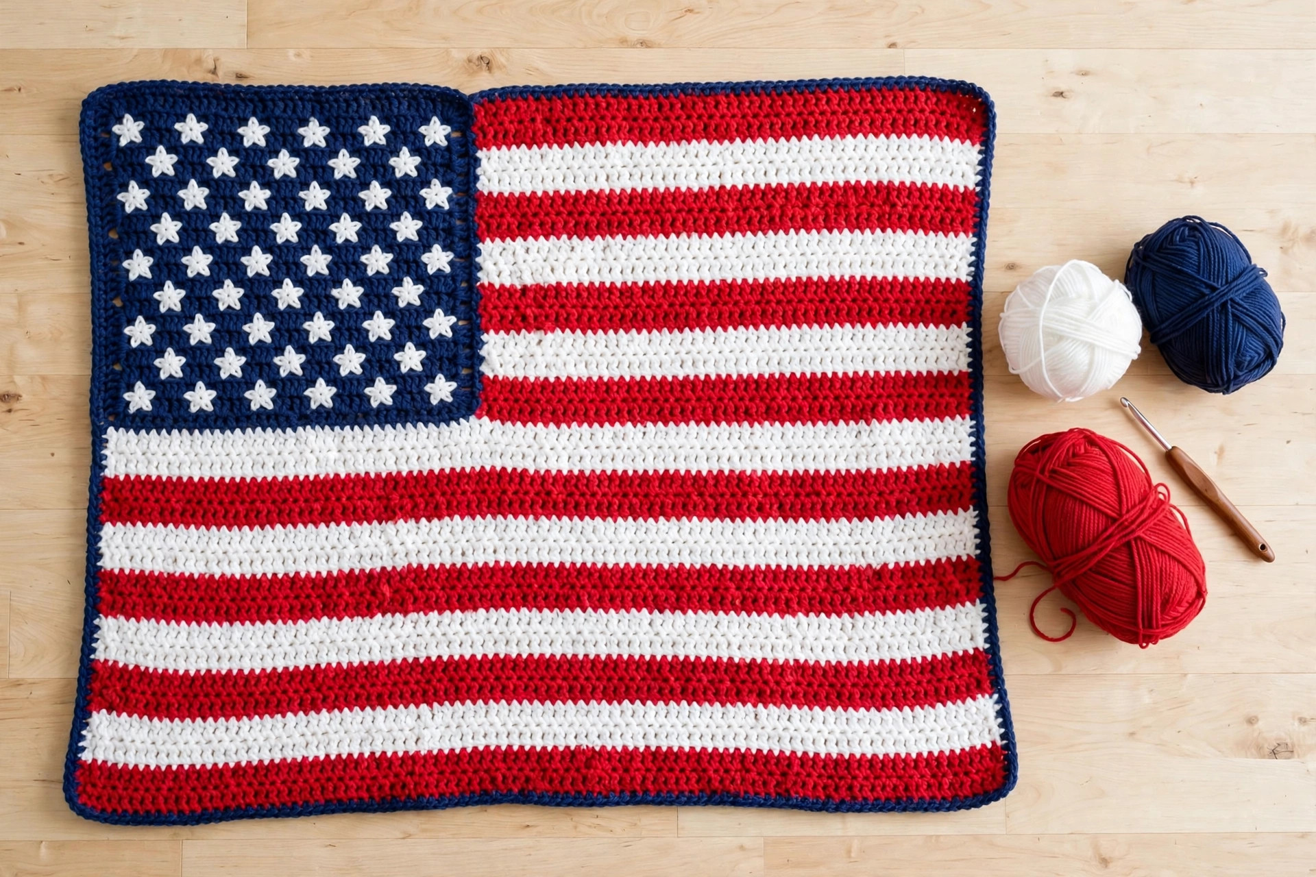 Flat lay of the finished crochet American flag blanket with balls of red, white and navy yarn and a crochet hook