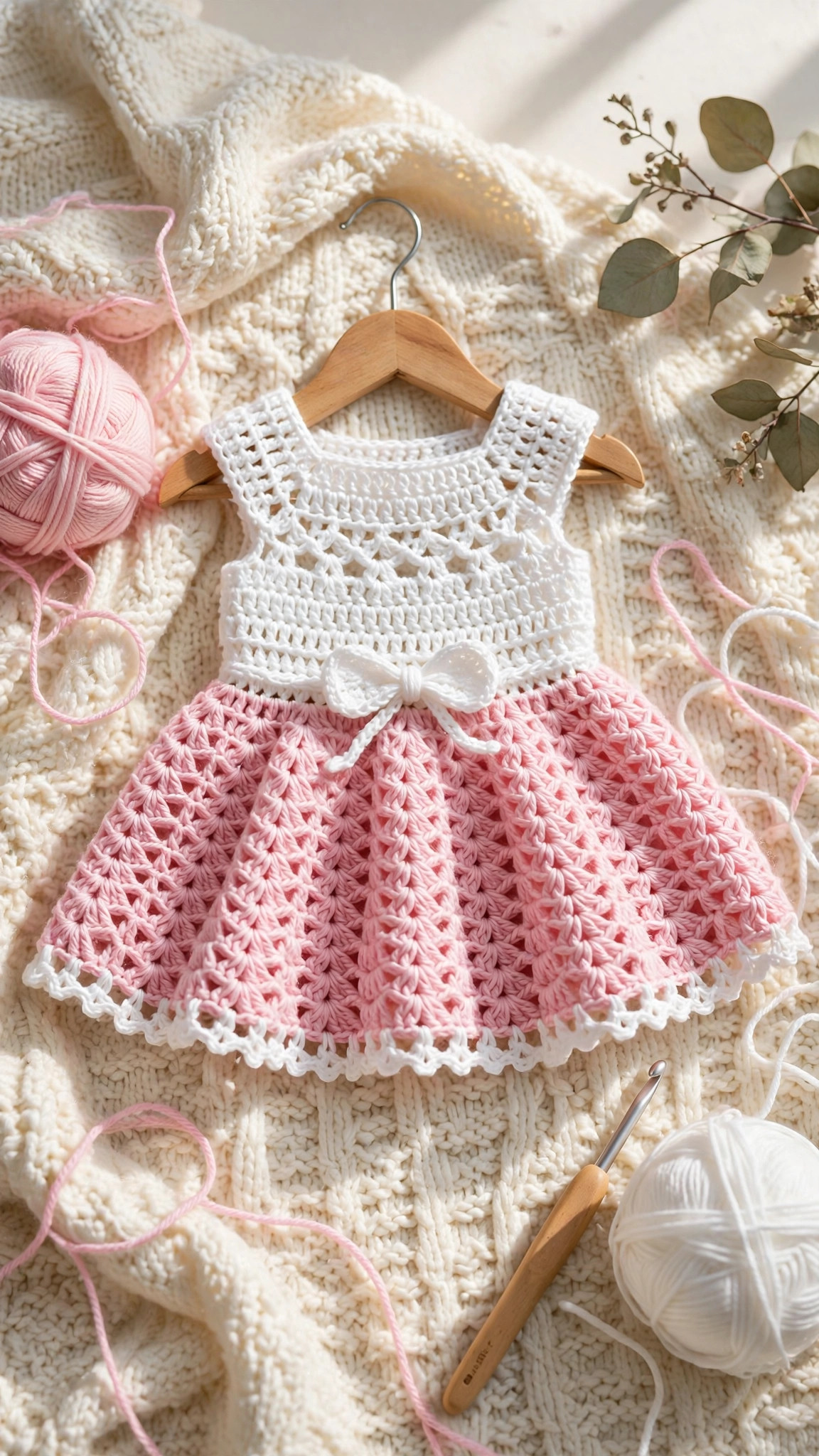 Sweet pink and white crochet baby dress with a white bodice, flared pink skirt, picot hem and white bow, on a hanger — crochet baby dress pattern