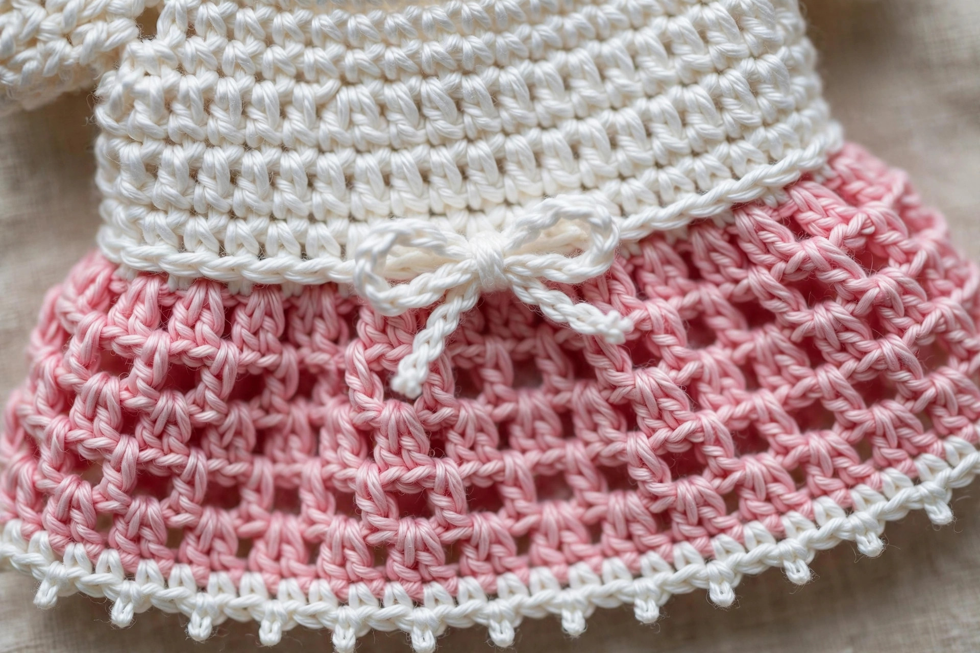 Close-up of a pink and white crochet baby dress showing the white bodice, pink skirt, picot hem and white waist bow