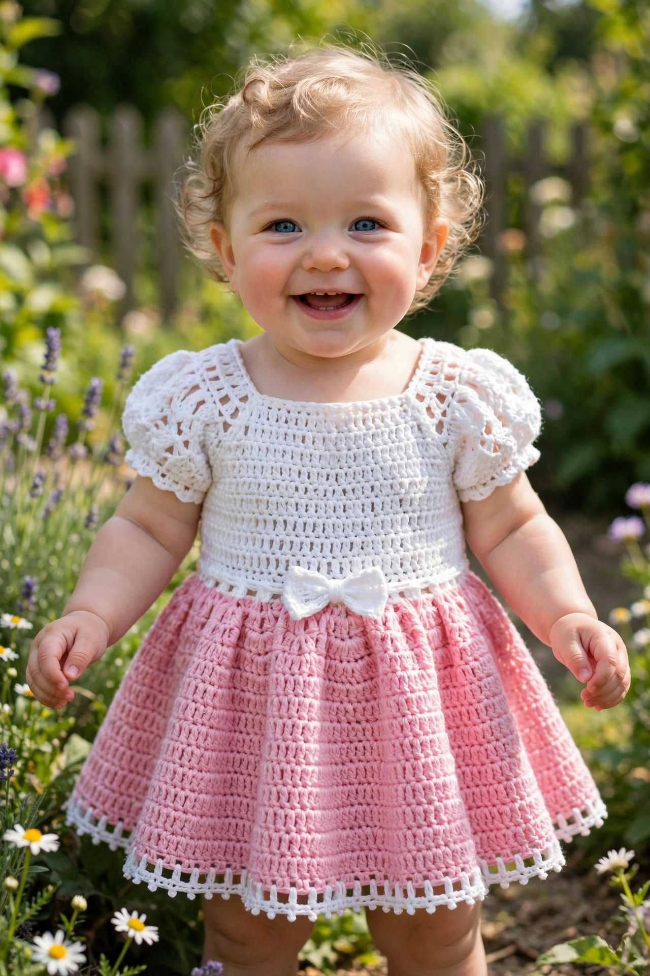 Baby wearing a pink and white crochet dress with a white bow, smiling in a sunny garden