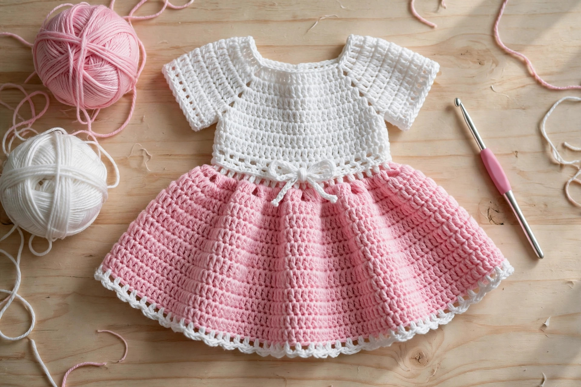 Flat lay of a finished pink and white crochet baby dress with a white bow, beside balls of pink and white yarn and a crochet hook
