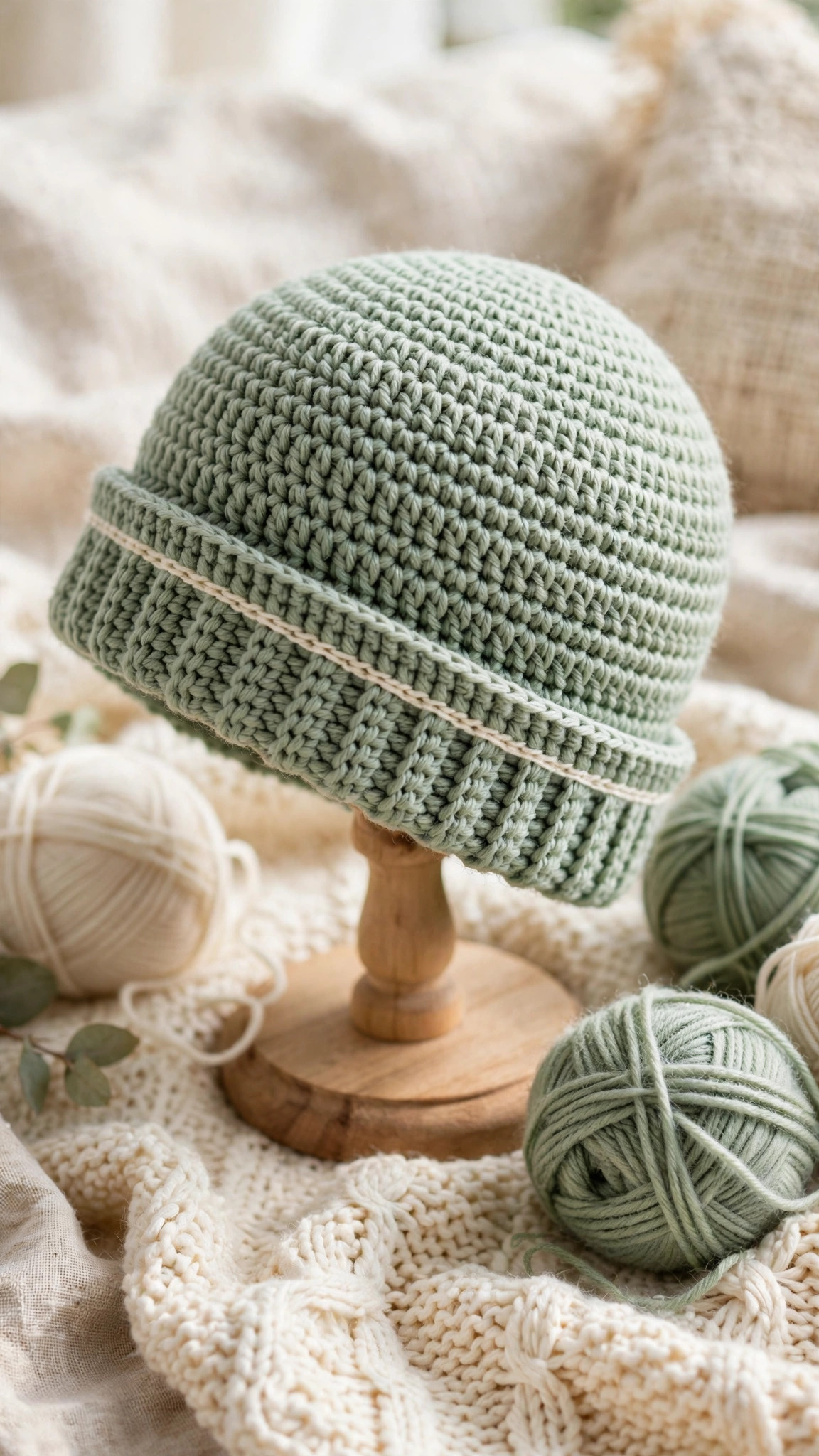 Soft sage green crochet baby hat with a folded ribbed brim and cream stripe, on a wooden table with baby yarn — crochet baby hat pattern