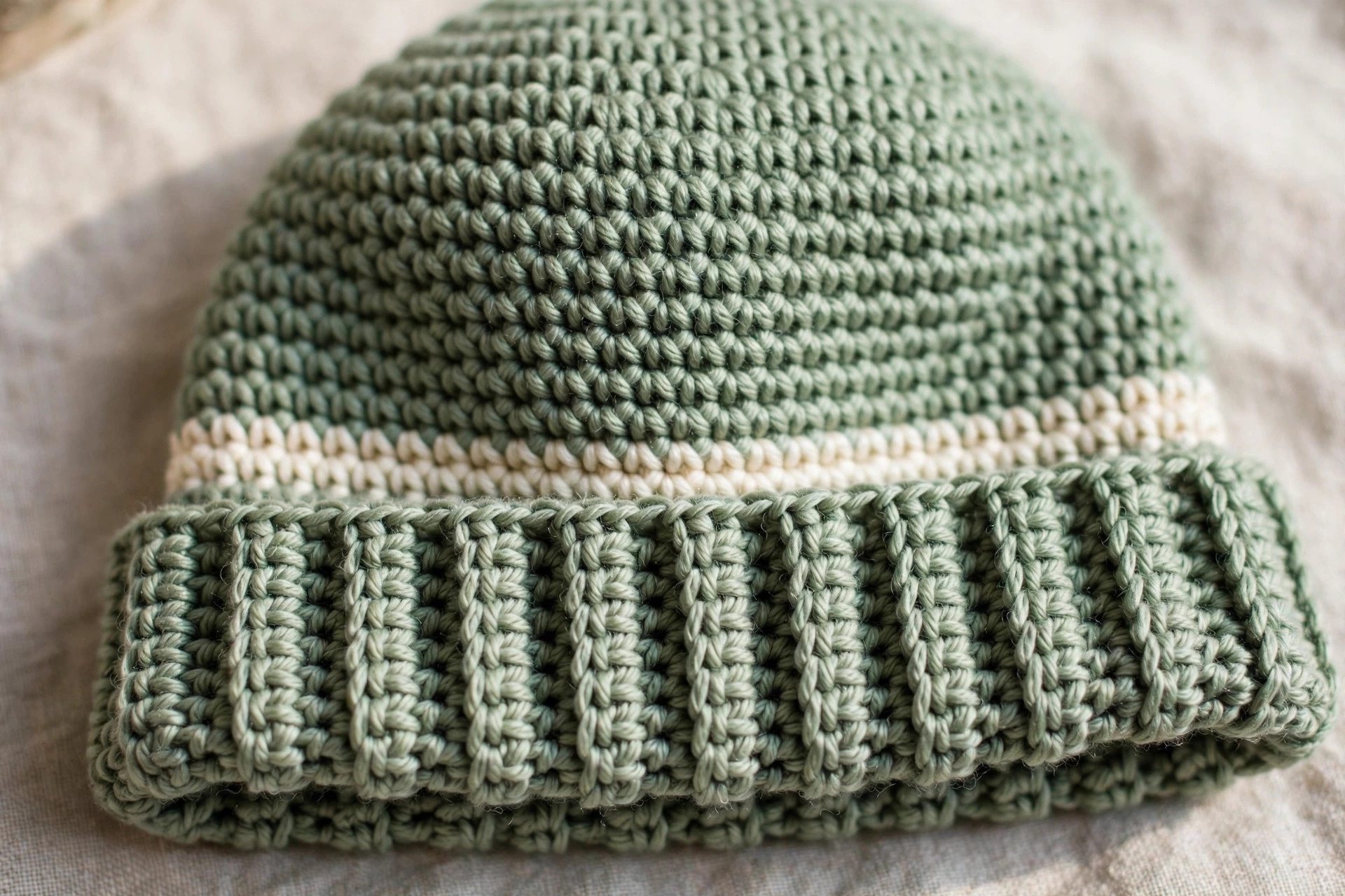 Close-up of a sage green crochet baby hat showing the ribbed folded brim, cream stripe and smooth half-double crochet crown