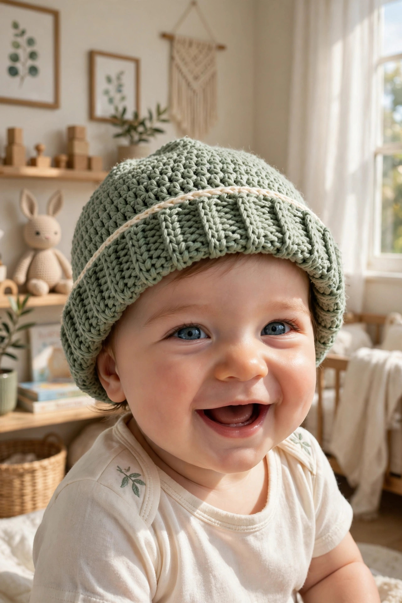 Baby wearing a sage green crochet hat with a folded ribbed brim and cream stripe, smiling in a sunny nursery