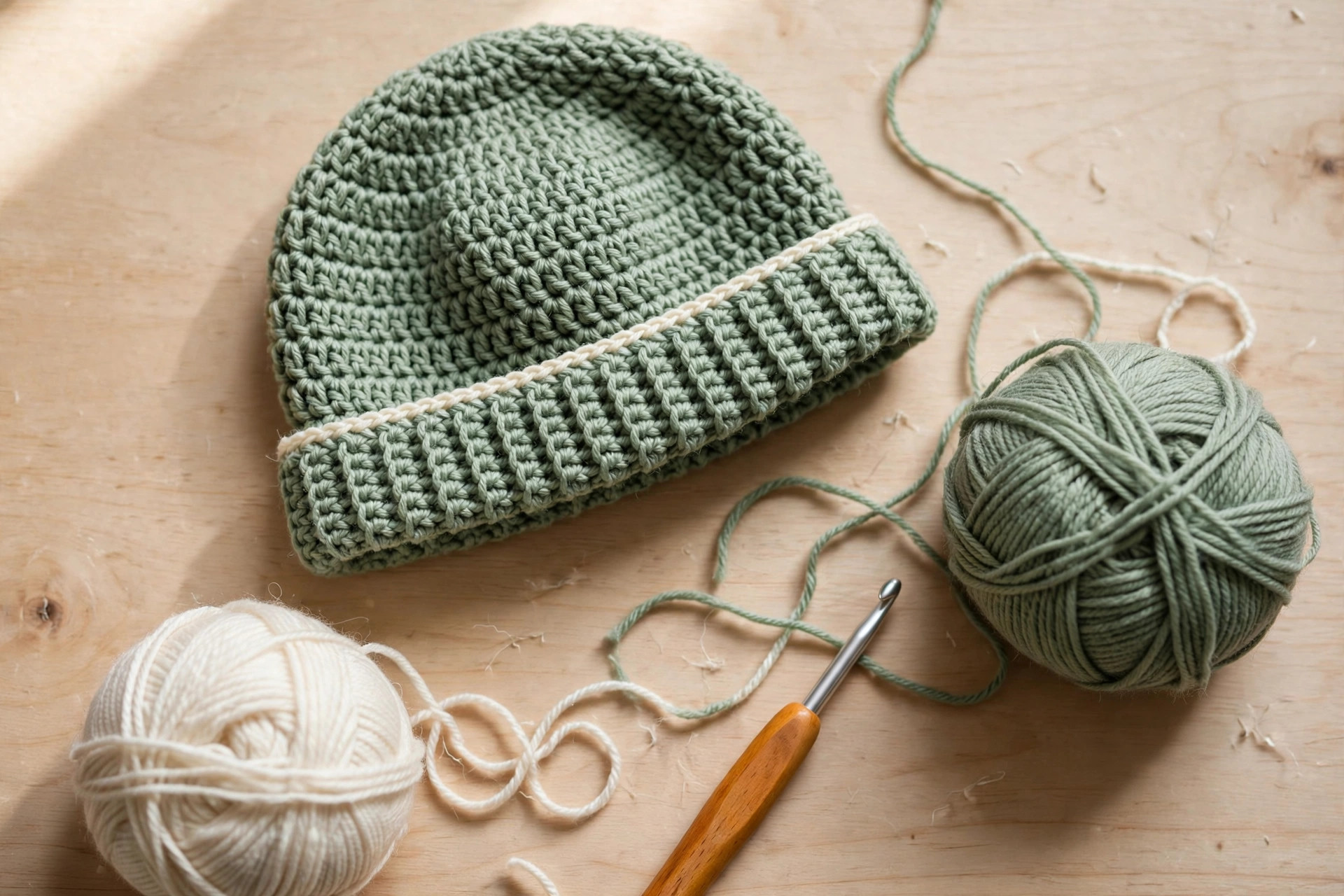 Flat lay of a finished sage green crochet baby hat with cream stripe and folded brim, beside a ball of sage yarn and a crochet hook