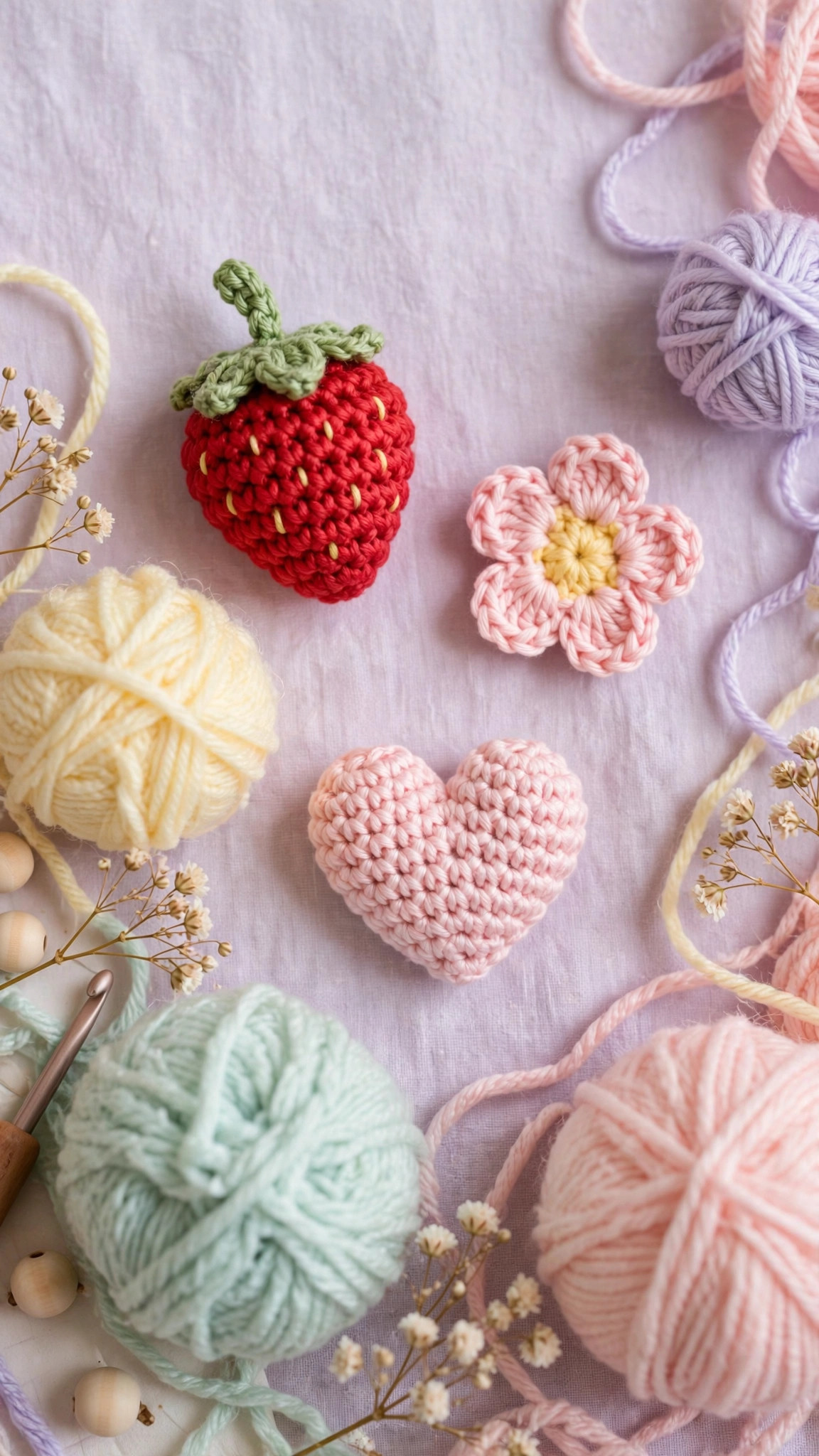 Pinterest-style styled shot of three crochet bag charms — strawberry, flower and heart — on a pastel background with yarn, free crochet bag charm patterns free to make in under an hour