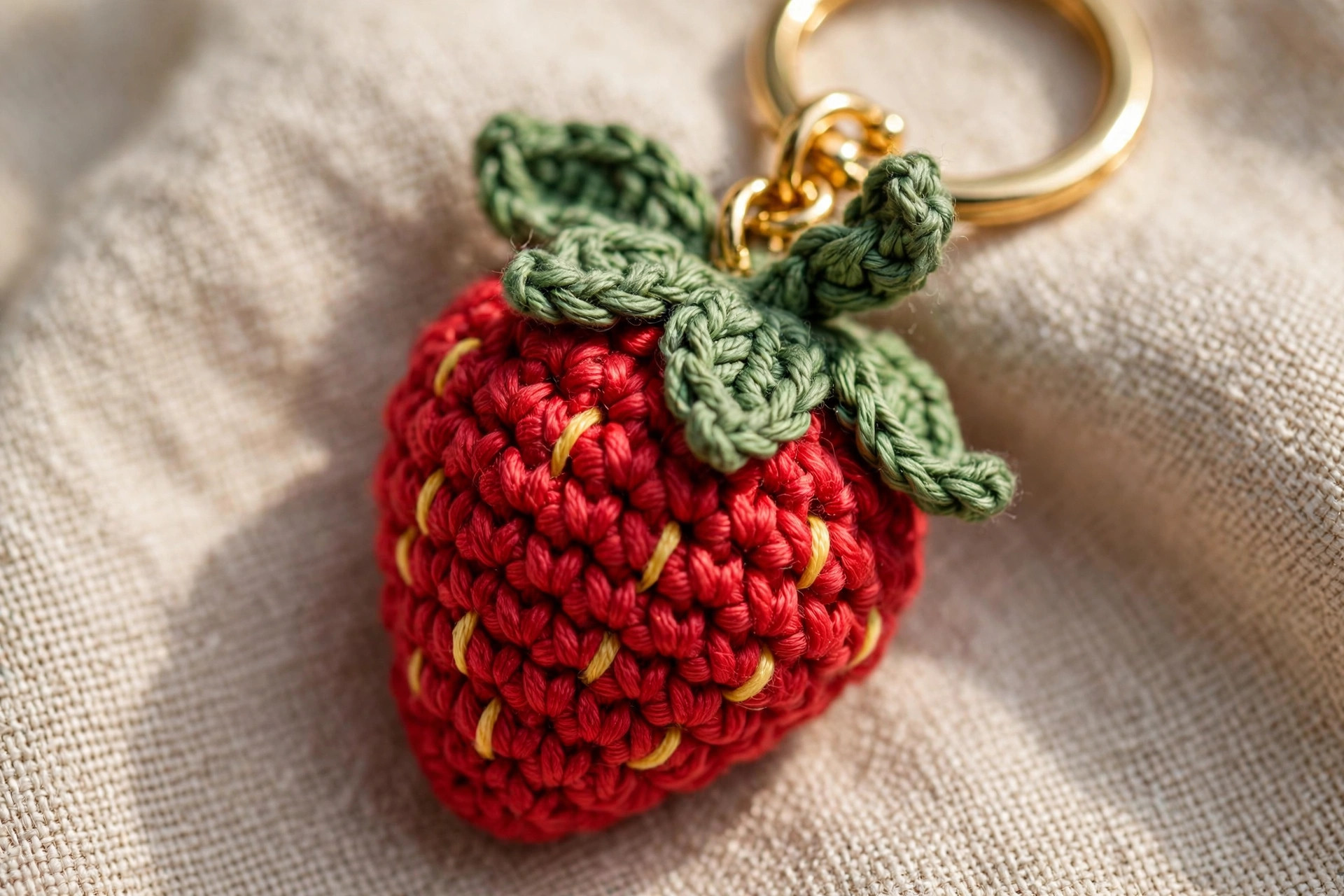 Close-up detail of a handmade crochet mini strawberry bag charm with green leaf cap and gold keyring showing stitch texture
