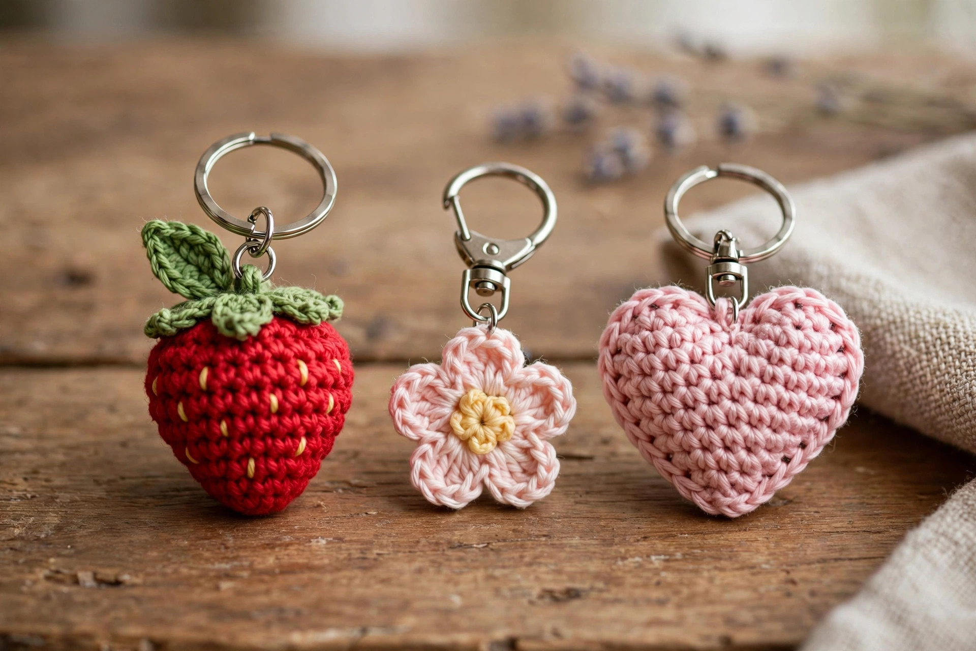 All three crochet bag charms together — mini strawberry, tiny flower and mini heart — lined up with gold keyrings