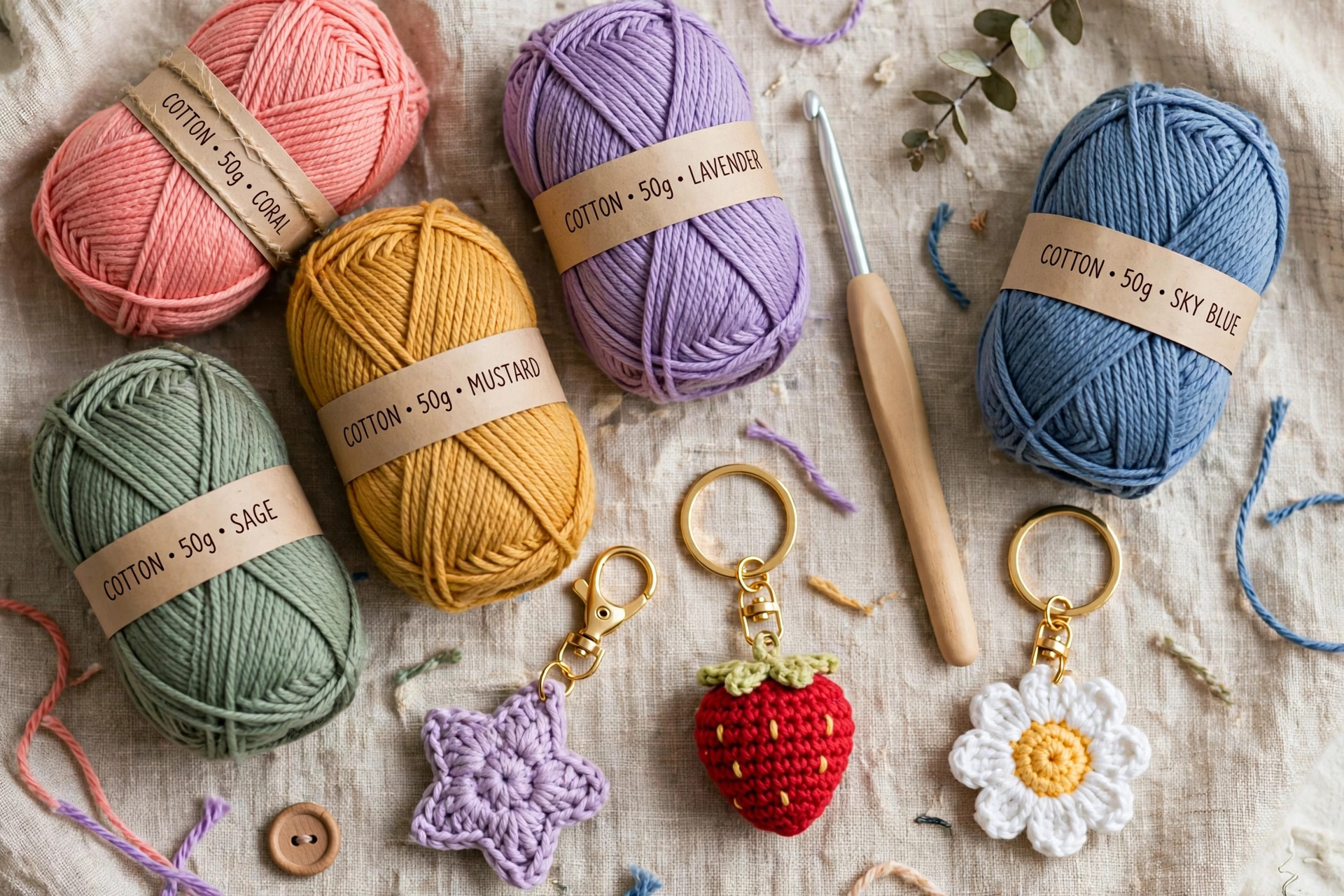 Flat lay with colorful yarn, crochet hook, gold keyrings and three finished crochet bag charms ready to clip onto bags