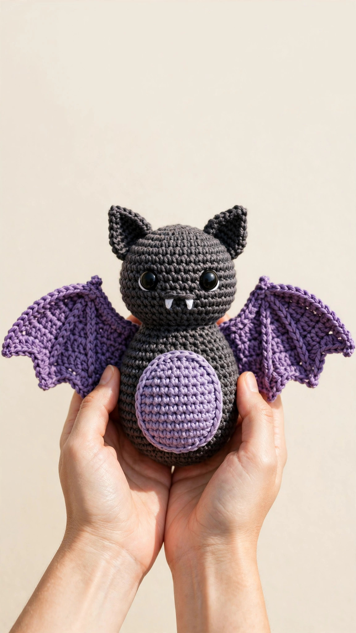 Cute amigurumi bat crochet toy held in hands showing purple scalloped wings, lilac belly and tiny white fangs