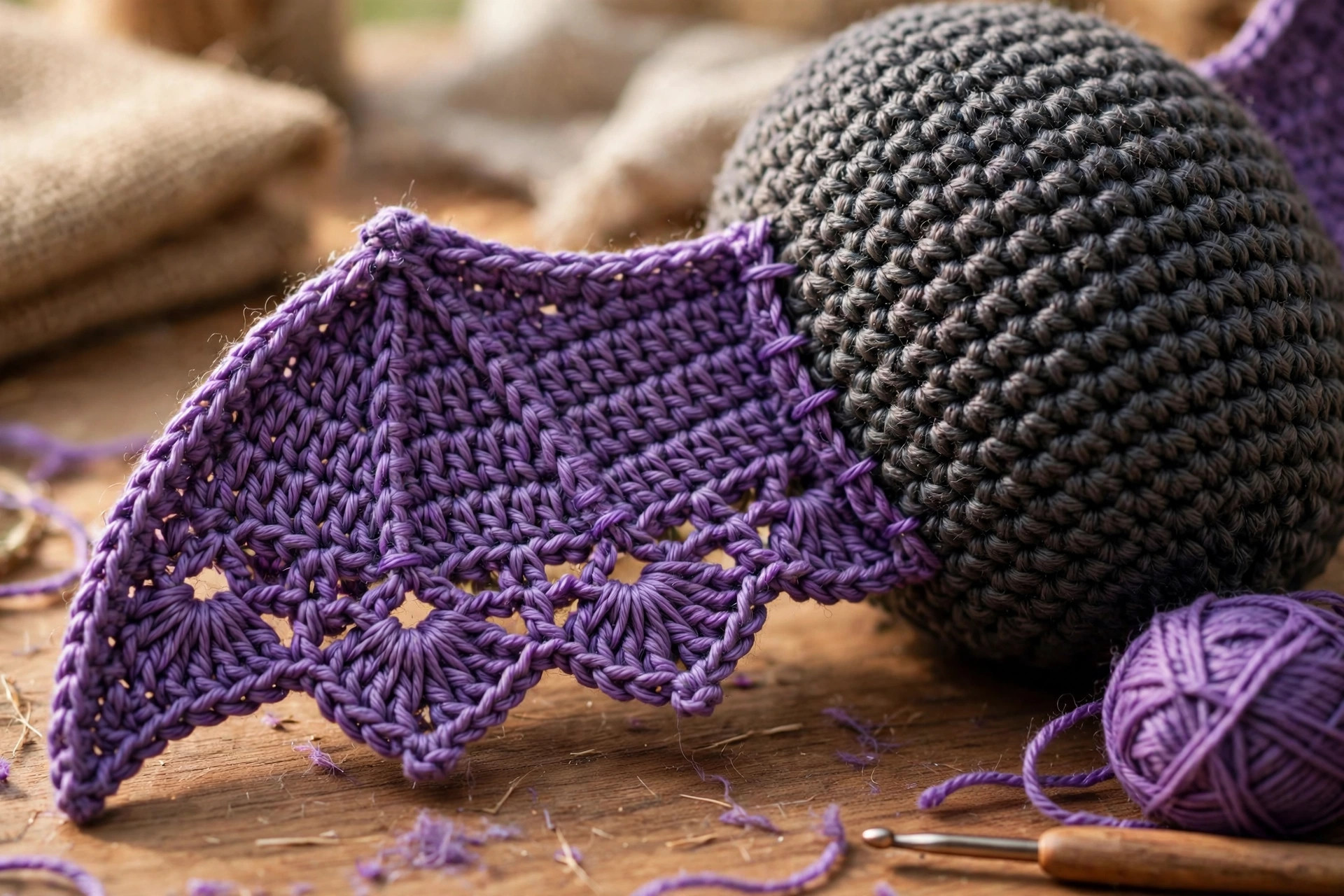 Close-up of a crochet bat wing showing the purple scalloped shell-stitch edge sewn to a charcoal amigurumi body