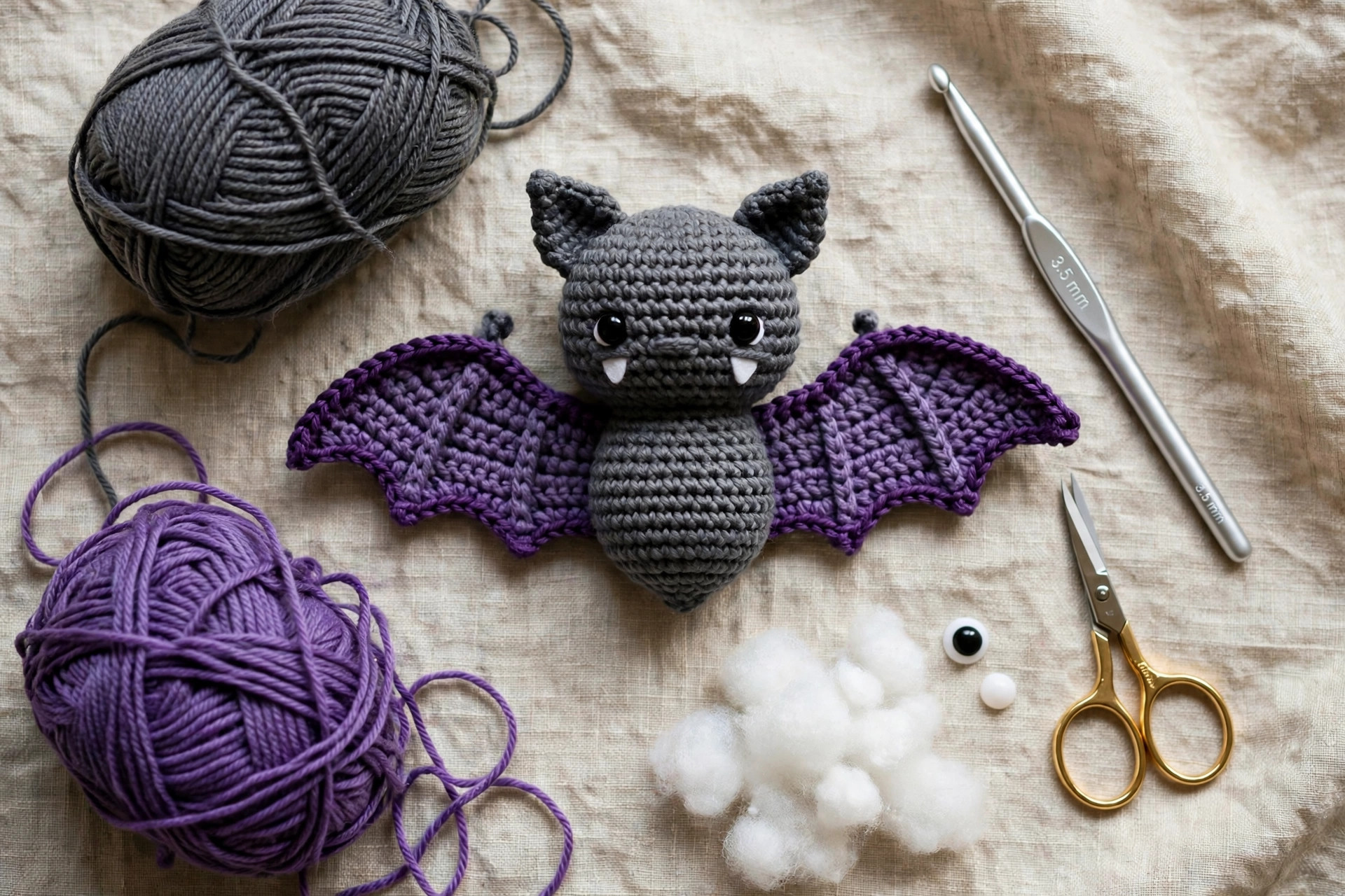 Flat lay of crochet bat pattern supplies — charcoal and purple yarn, crochet hook, safety eyes, stuffing and a finished amigurumi bat