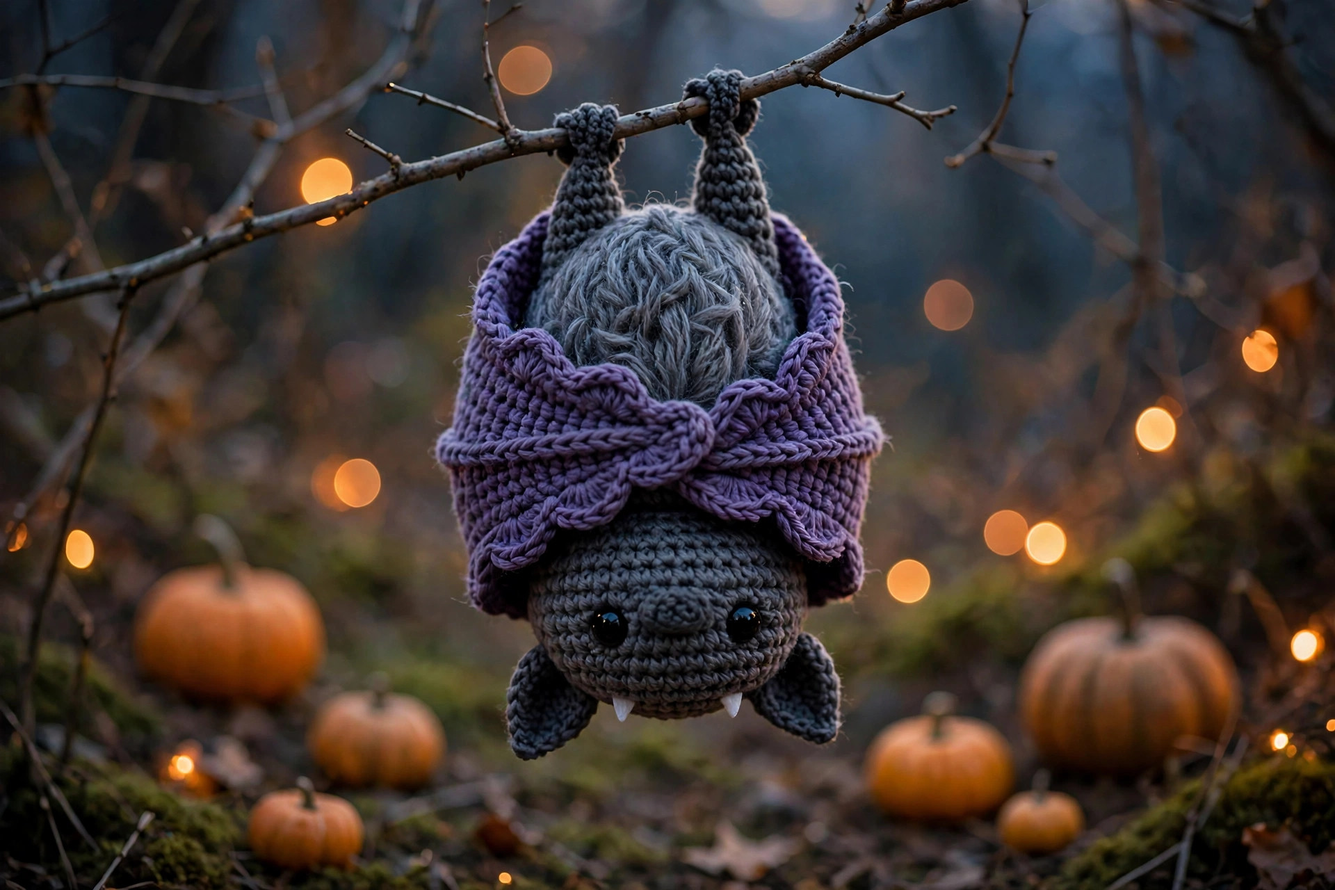 Crochet amigurumi bat hanging upside down from a branch in a Halloween scene with pumpkins and fairy lights