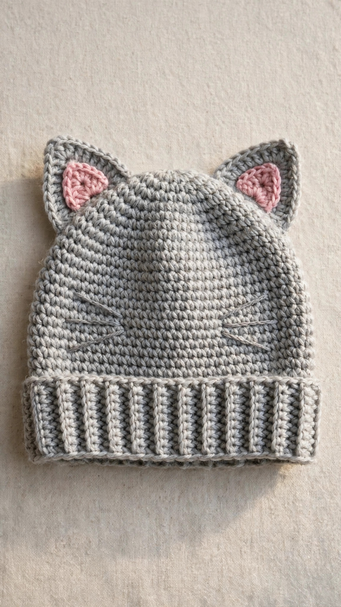 Handmade crocheted cat beanie with pointy triangle ears in heather gray yarn with pink inner ears, ribbed brim, and embroidered whiskers