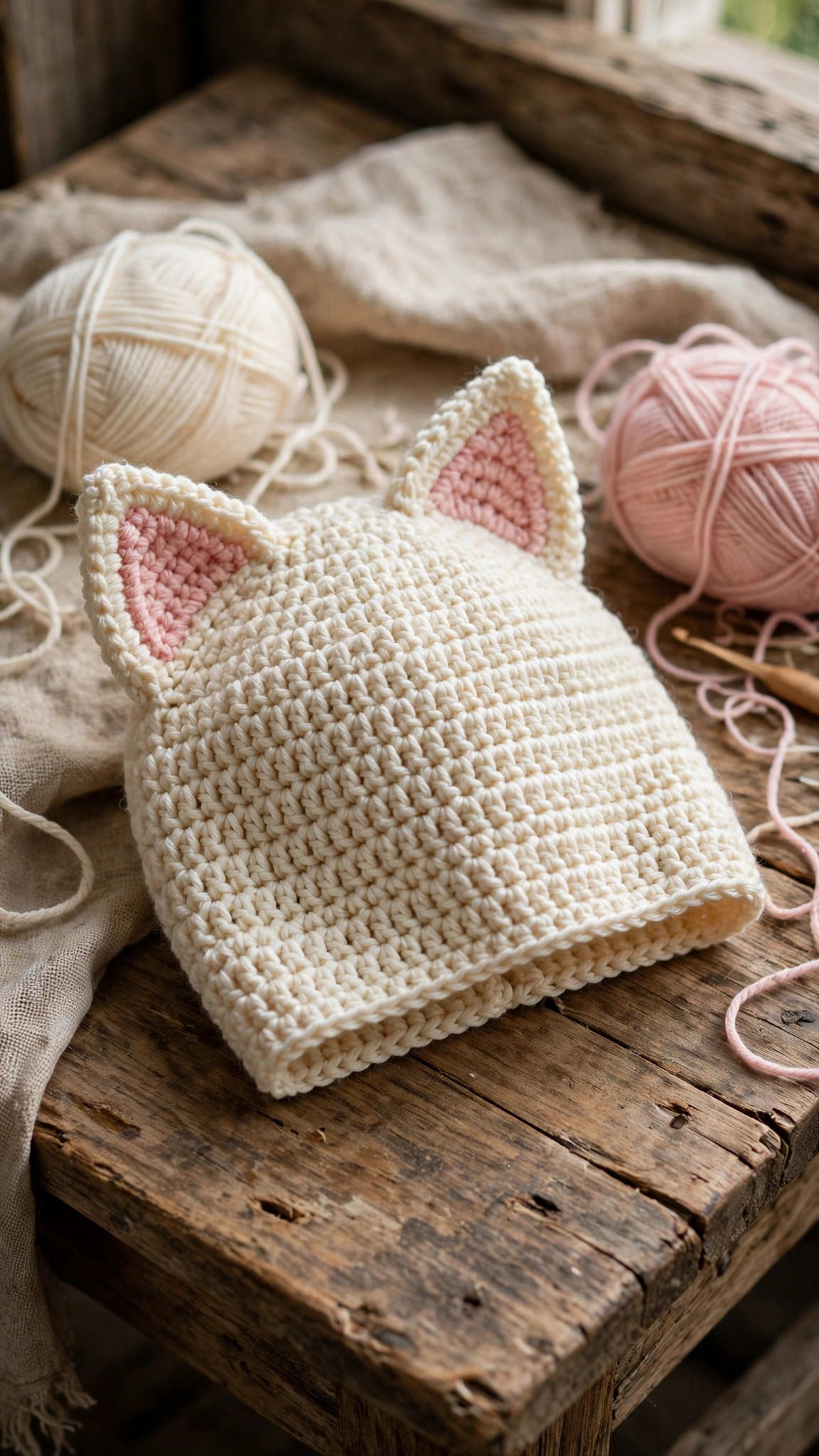 Crochet cat beanie in cream yarn with blush pink inner ears on a wooden table beside balls of yarn
