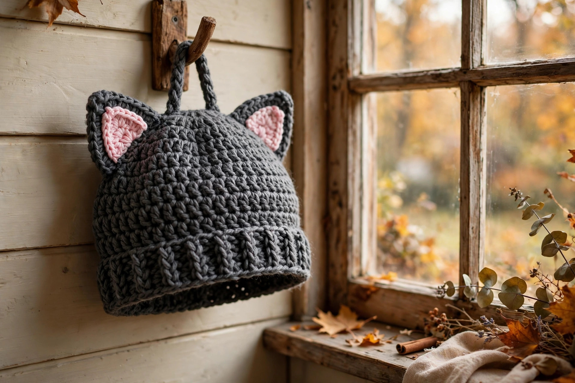 Finished charcoal gray crochet cat beanie with pink inner ears hanging on a wooden wall hook by a window