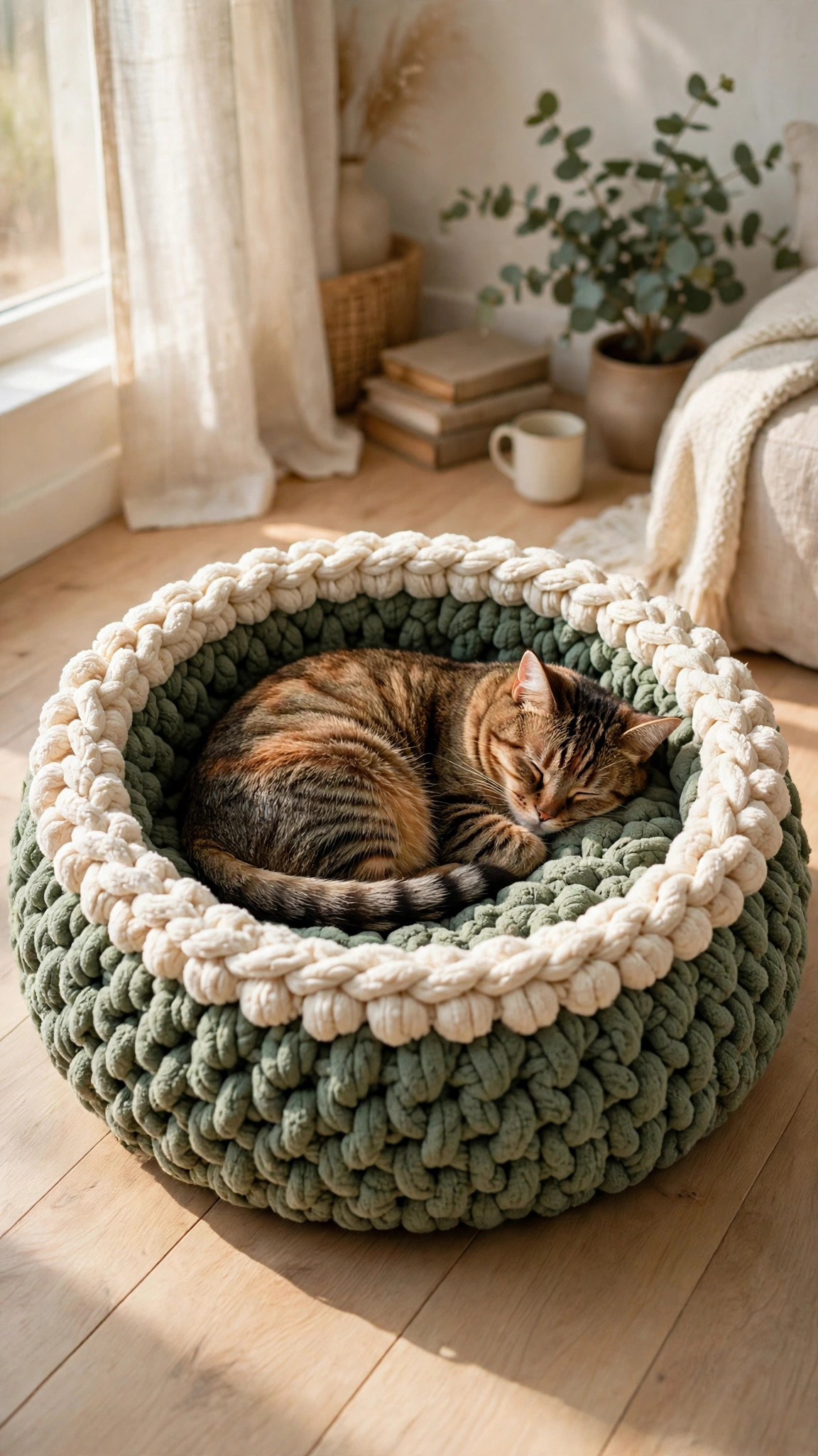 Crochet cat bed pattern free — sage green and cream crochet donut cat bed with puff-stitch rim, a tabby cat curled up asleep inside it