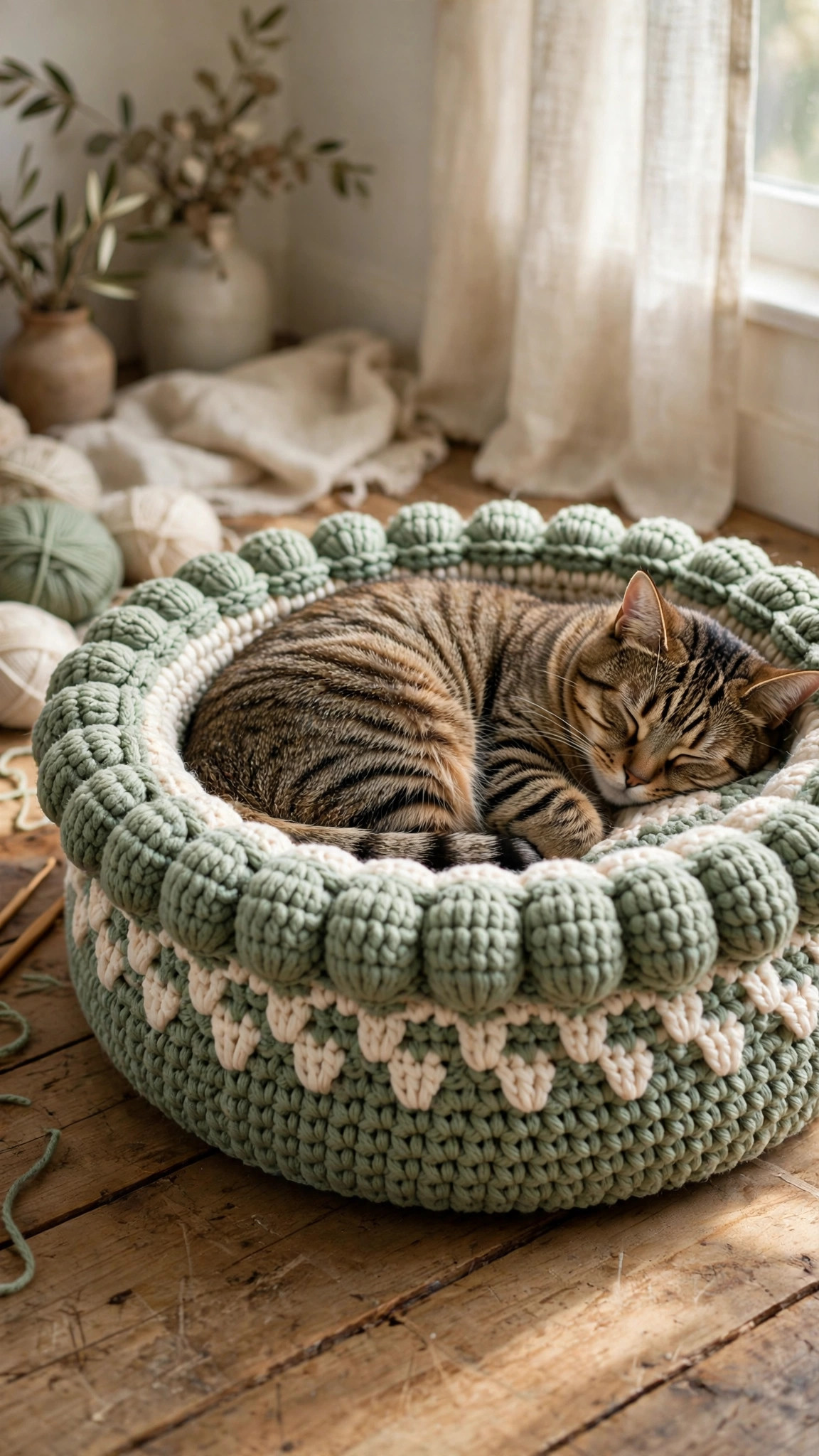 Sage green and cream crochet cat bed with puff-stitch rim, a tabby cat curled up asleep inside it on a wooden floor — free crochet cat bed pattern