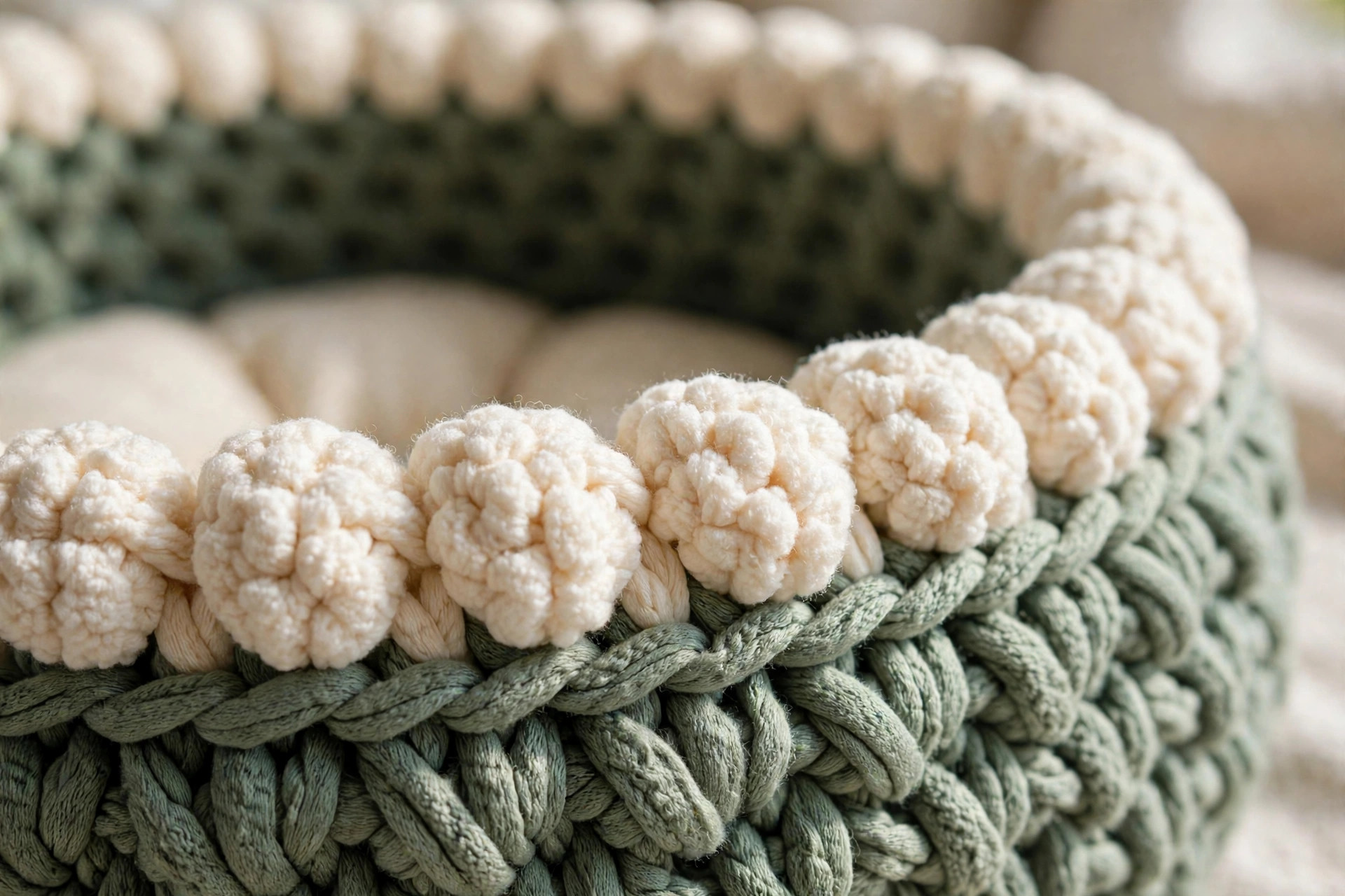 Close-up of sage green crochet fabric with a cream puff-stitch rim on a round cat bed