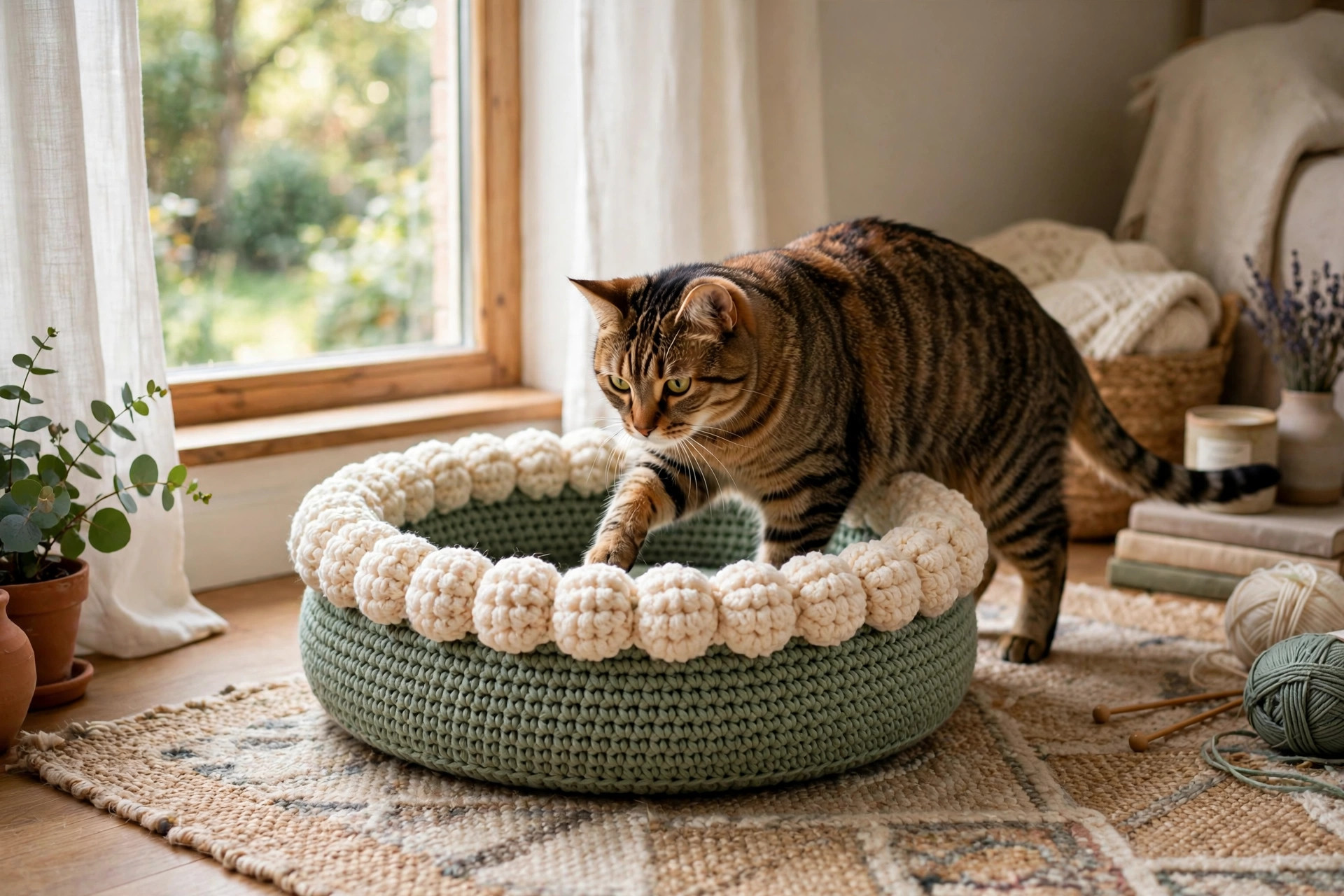Sage green crochet cat bed with cream puff-stitch rim on a rug beside a window, a cat stepping into it