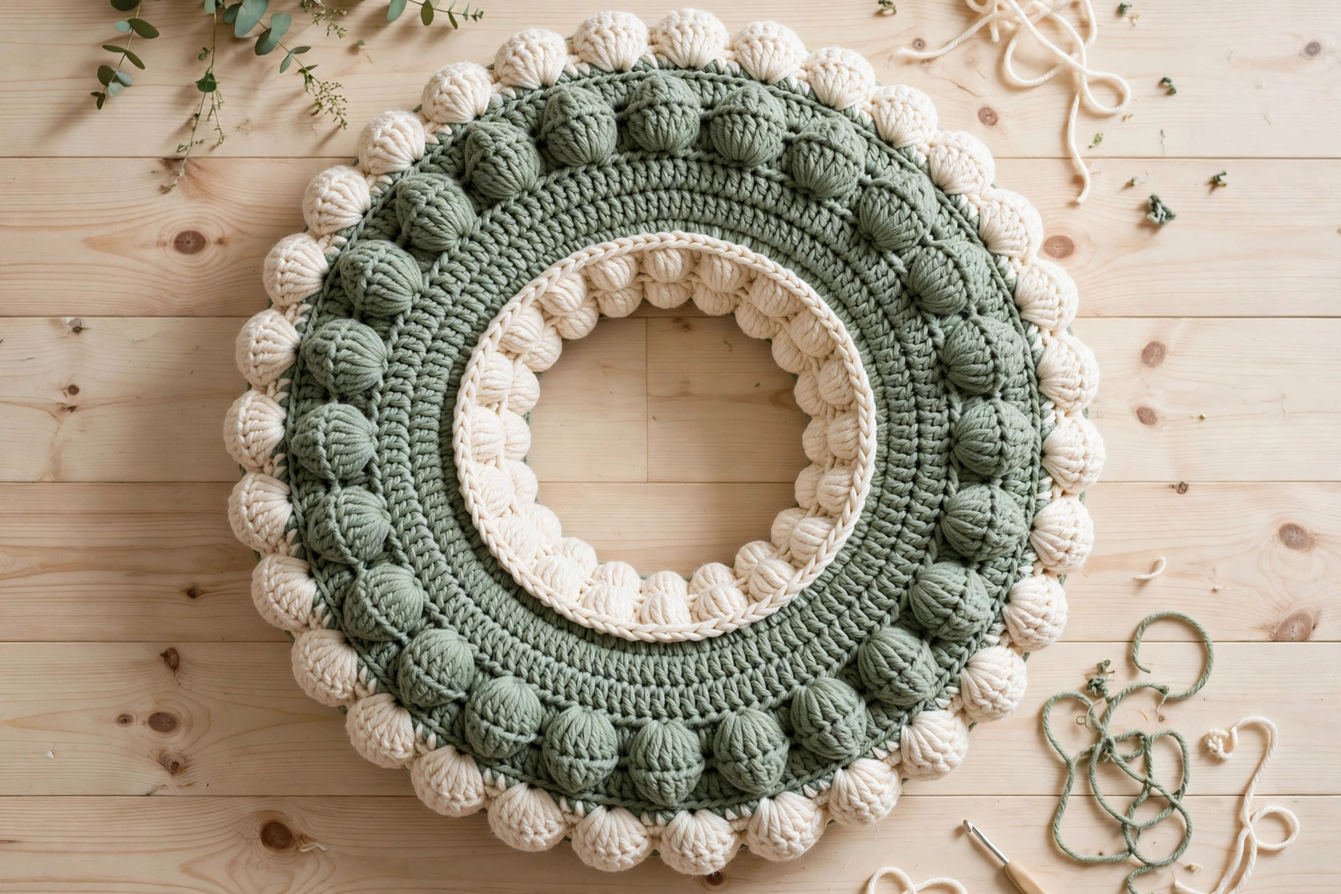 Flat lay of the finished sage green and cream crochet cat bed, round donut shape with puff-stitch rim, on a wooden floor — free crochet cat bed pattern