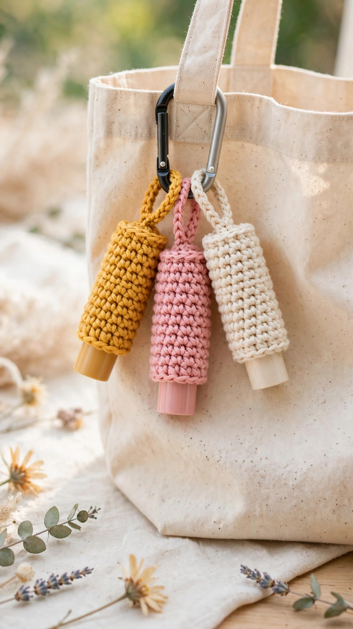 Three crochet chapstick holders in mustard, dusty pink and cream clipped to a canvas tote bag with a carabiner
