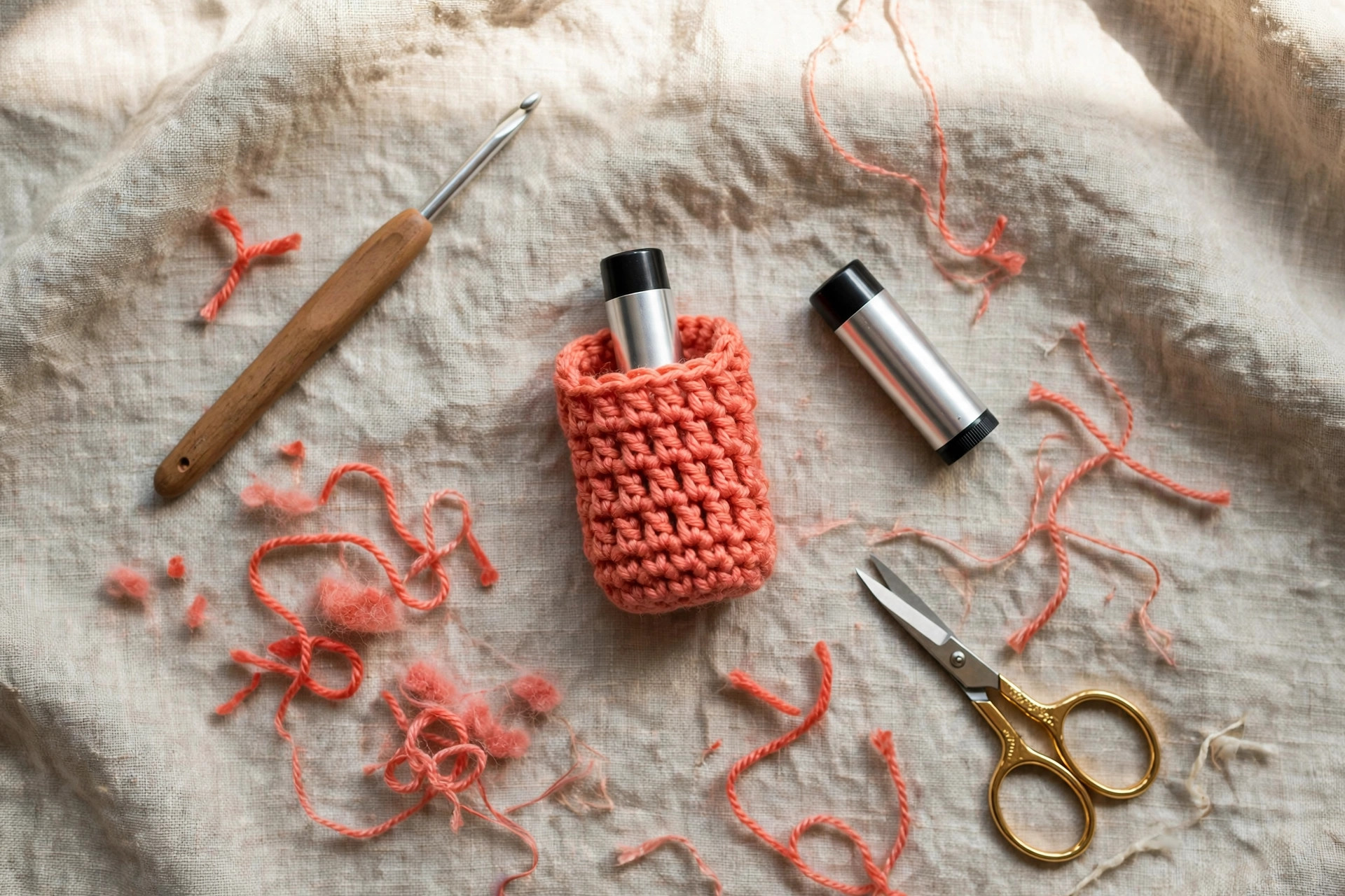 Overhead flat lay of a coral crochet chapstick holder with yarn scraps, a crochet hook, scissors and a lip balm tube on linen