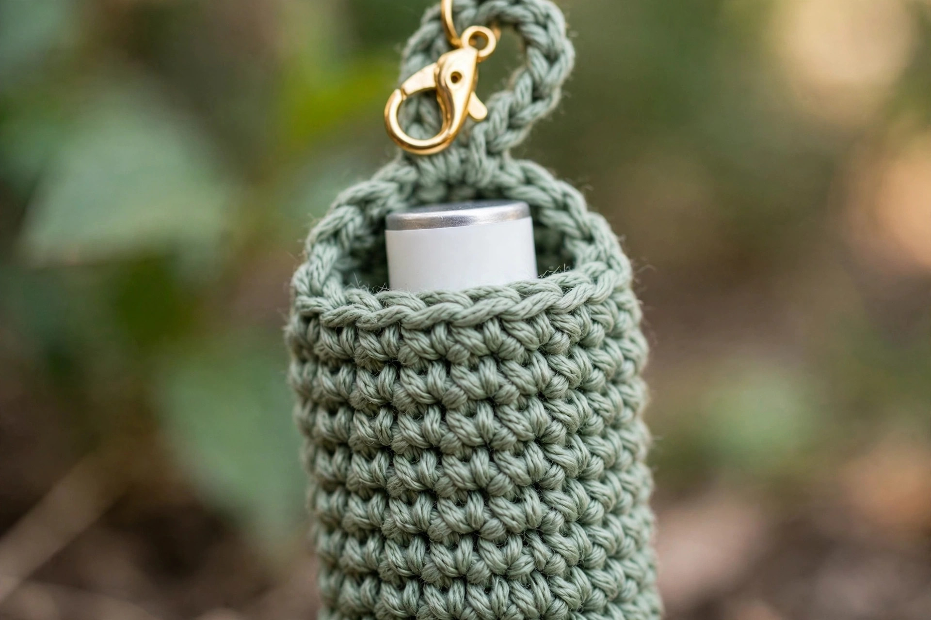 Close-up of a sage green crochet chapstick holder showing neat single crochet stitches, the reinforced loop and a lobster clasp