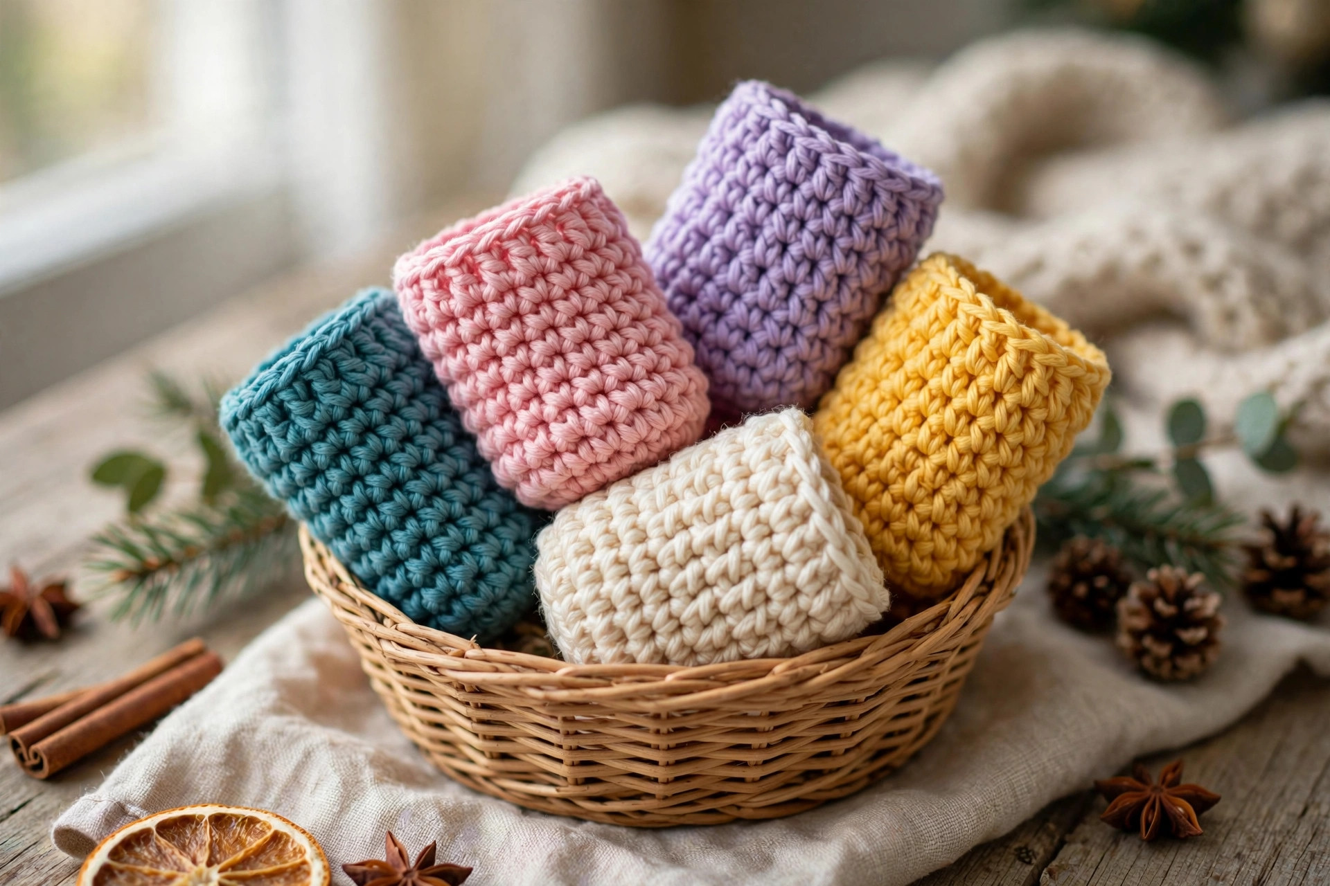 A small basket of crochet chapstick holders in teal, pink, yellow, lavender and cream arranged as gifts and stocking stuffers