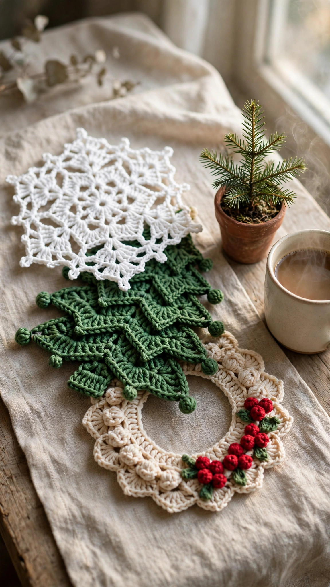 Three crochet Christmas coasters stacked on a linen runner — snowflake, Christmas tree and wreath designs in white, green and cream cotton