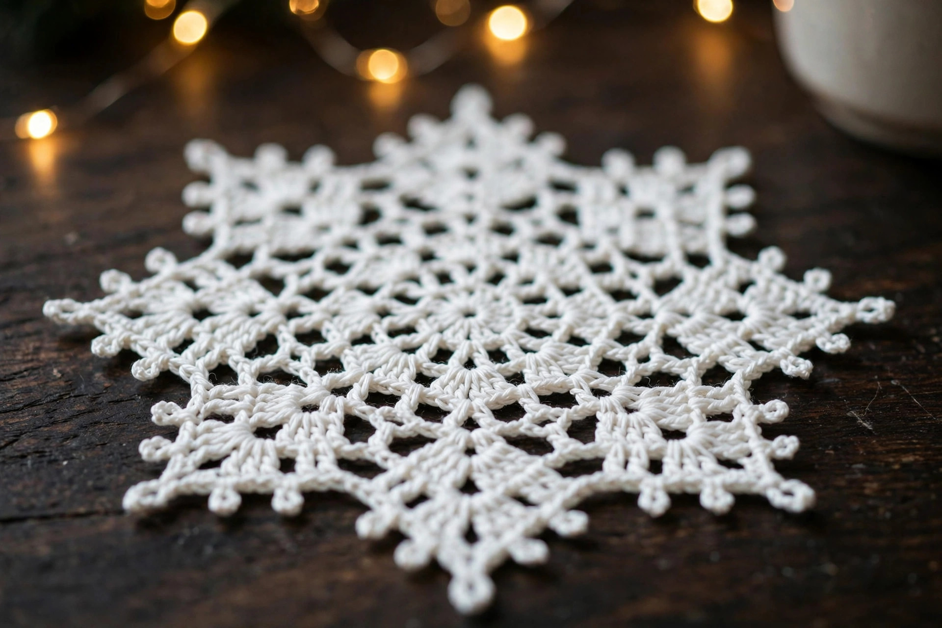 Close-up of a white crochet snowflake coaster showing lacy shell points and picot tips in crisp cotton stitches