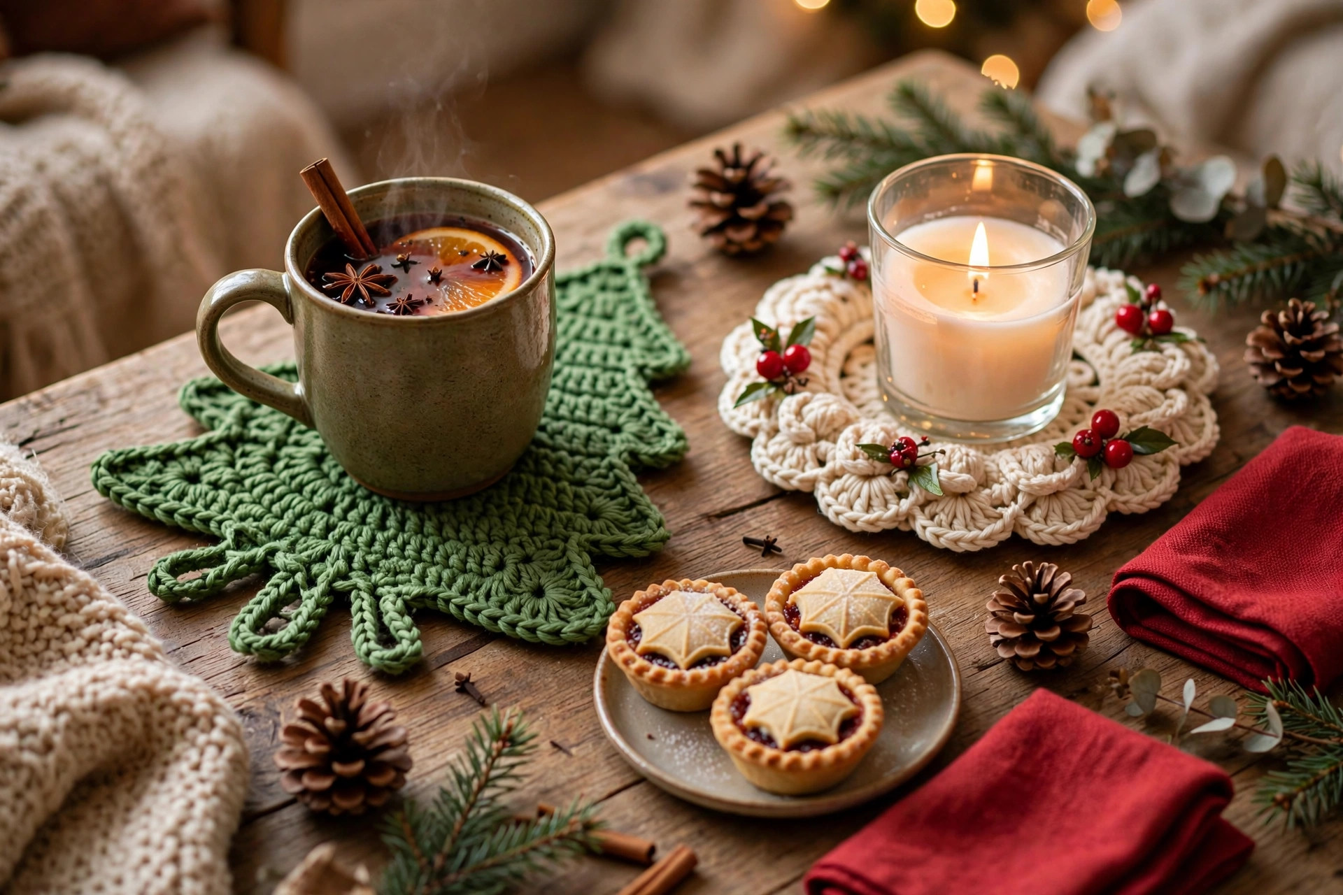 Festive table scene with crochet Christmas tree and wreath coasters in use under a mug and candle glass with pine cones and red napkins