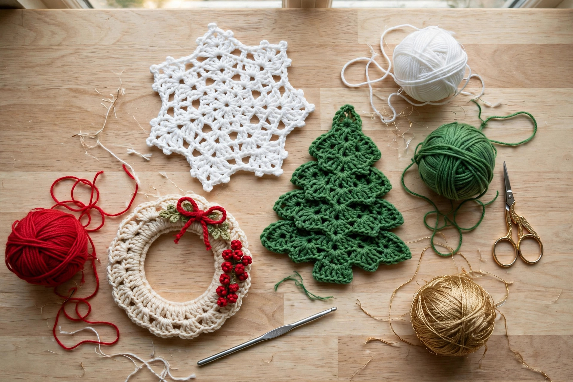 Flat lay of crochet Christmas coasters — snowflake, tree and wreath designs — with red, green, white and gold cotton yarn balls, hook and scissors