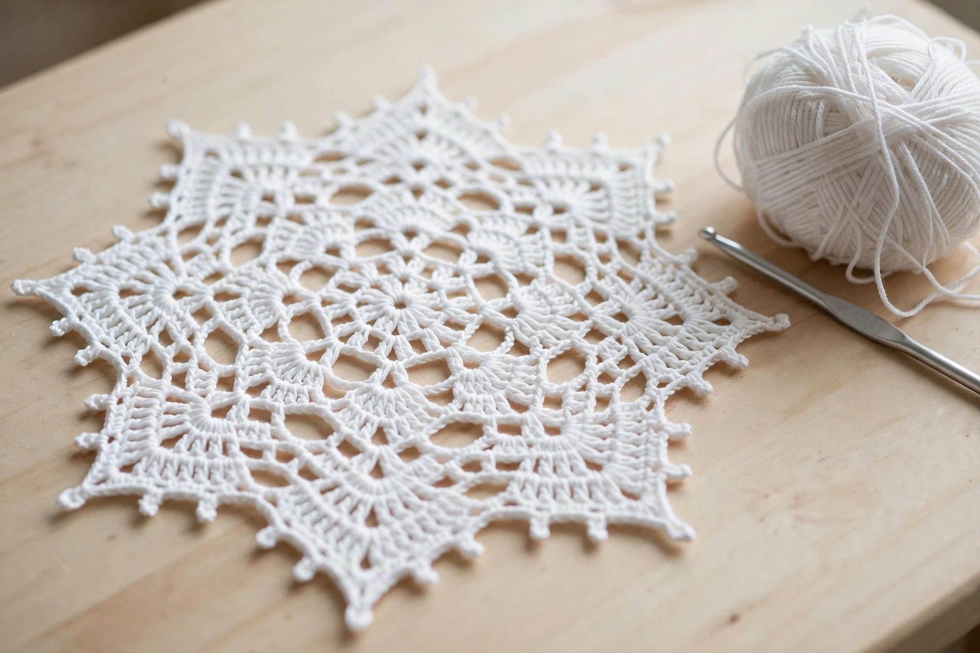 Close-up of a white crochet snowflake doily with lacy openwork stitches and picot points on a wooden table beside a ball of white cotton yarn and a silver crochet hook