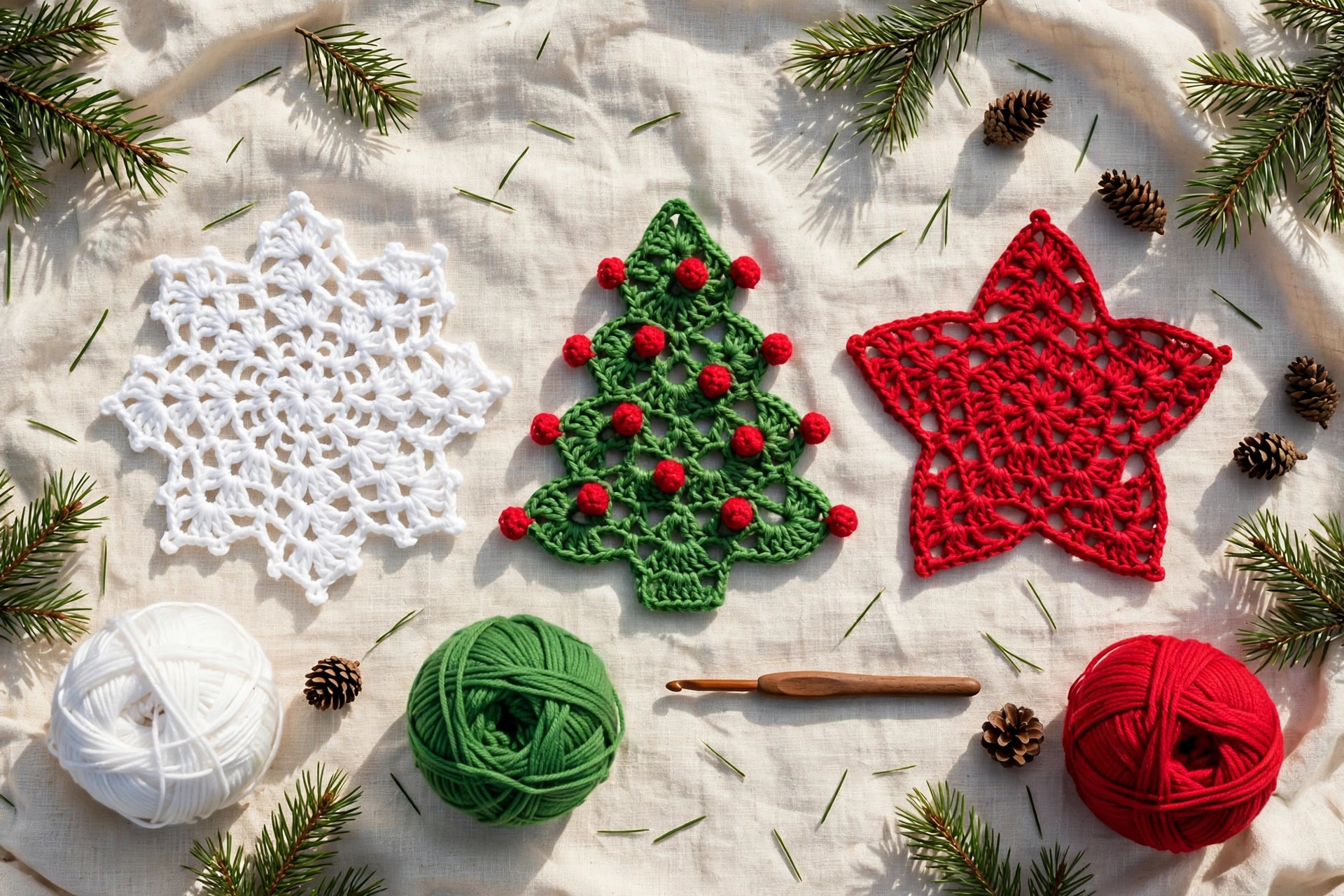 Flat lay of three crochet Christmas doilies — white snowflake, green tree with red bobbles and red star — on cream linen with balls of white, green and red yarn, a wooden-handled crochet hook, pine sprigs and pine cones