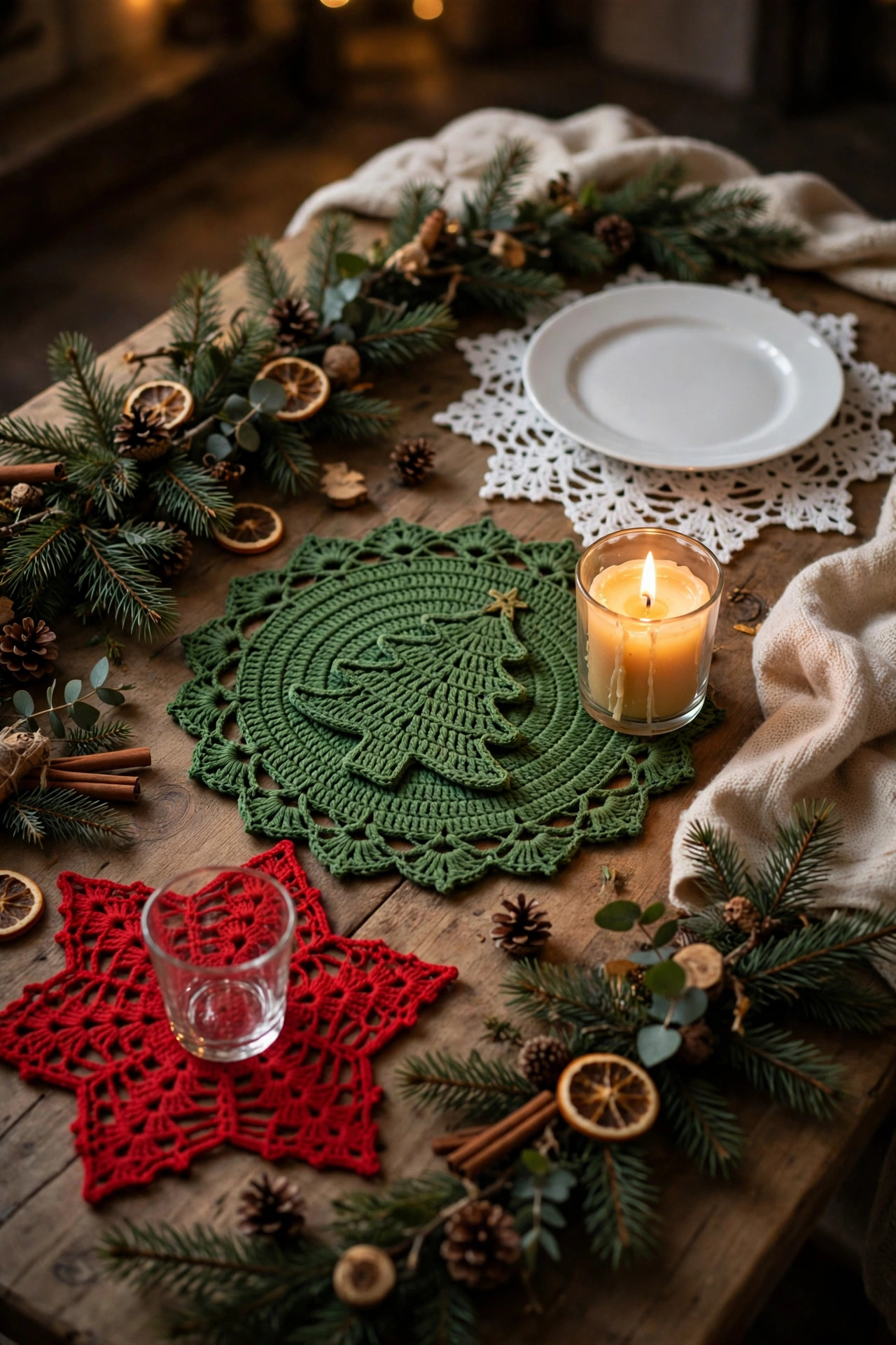 Festive dining table with a white snowflake doily under a white plate, a green crochet doily as a centrepiece with a lit candle in a glass holder resting on it, and a red star doily under a glass, with pine garland, dried orange slices and cinnamon sticks