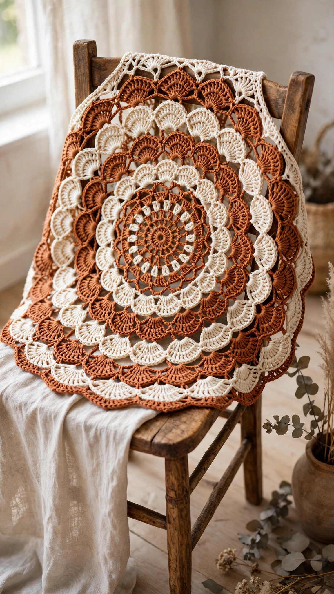 Circular crochet vest draped over a chair showing the full circle shape and alternating shell and double crochet rounds