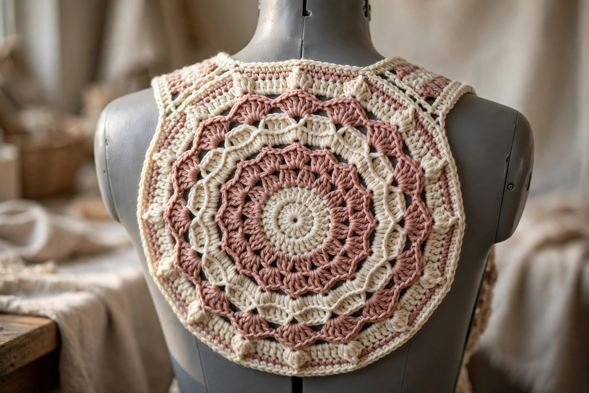 Close view of the mandala center back of the circle vest, showing concentric shell and double crochet rings
