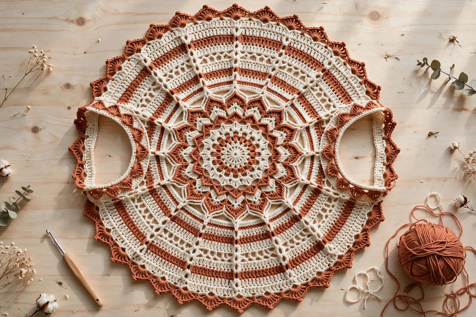 Complete circular crochet vest laid flat in a full circle, showing both armholes and the lacy shell hem