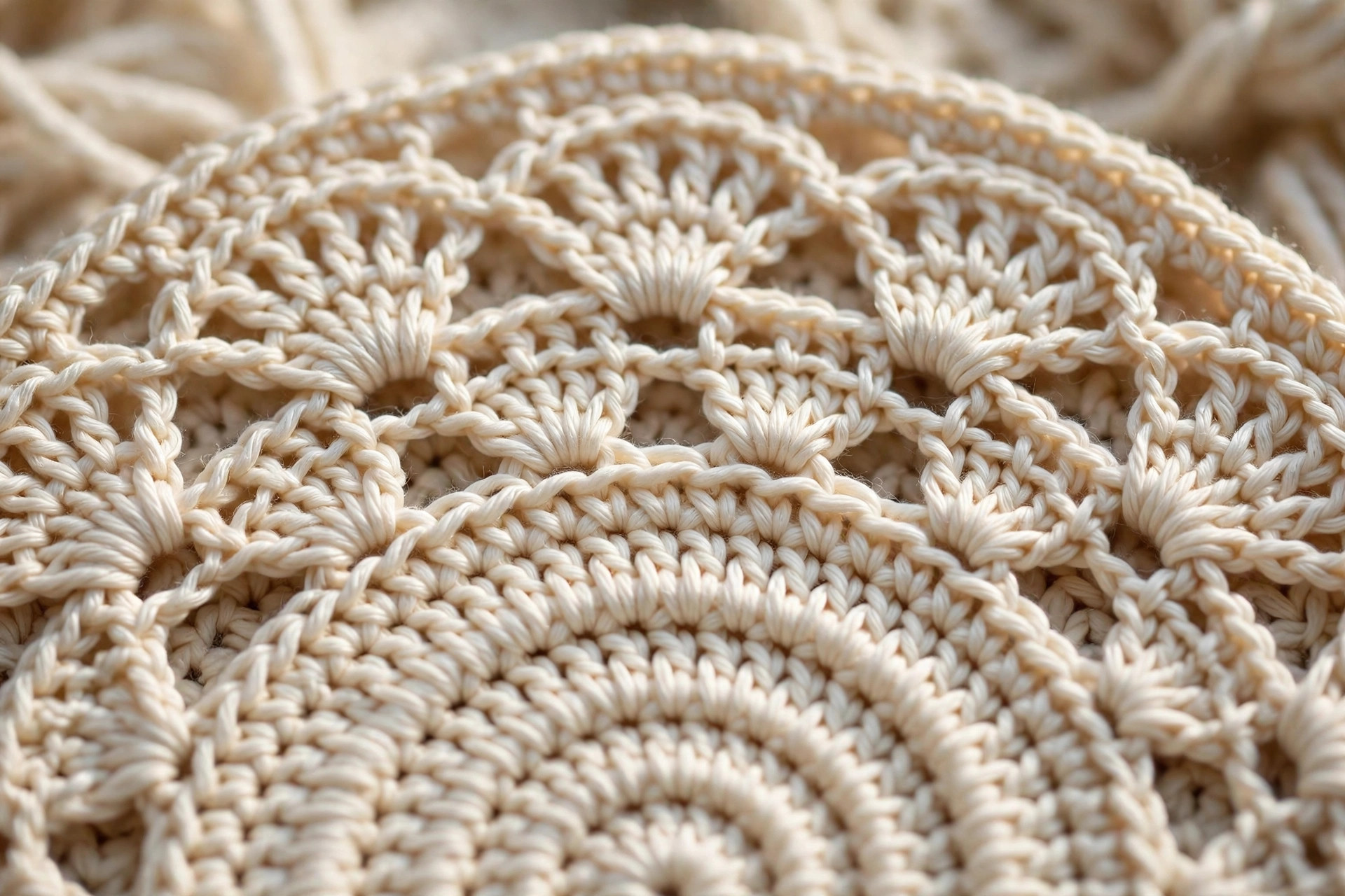 Close-up of lacy shell and fan rounds on the circle vest, showing openwork fans alternating with solid double crochet