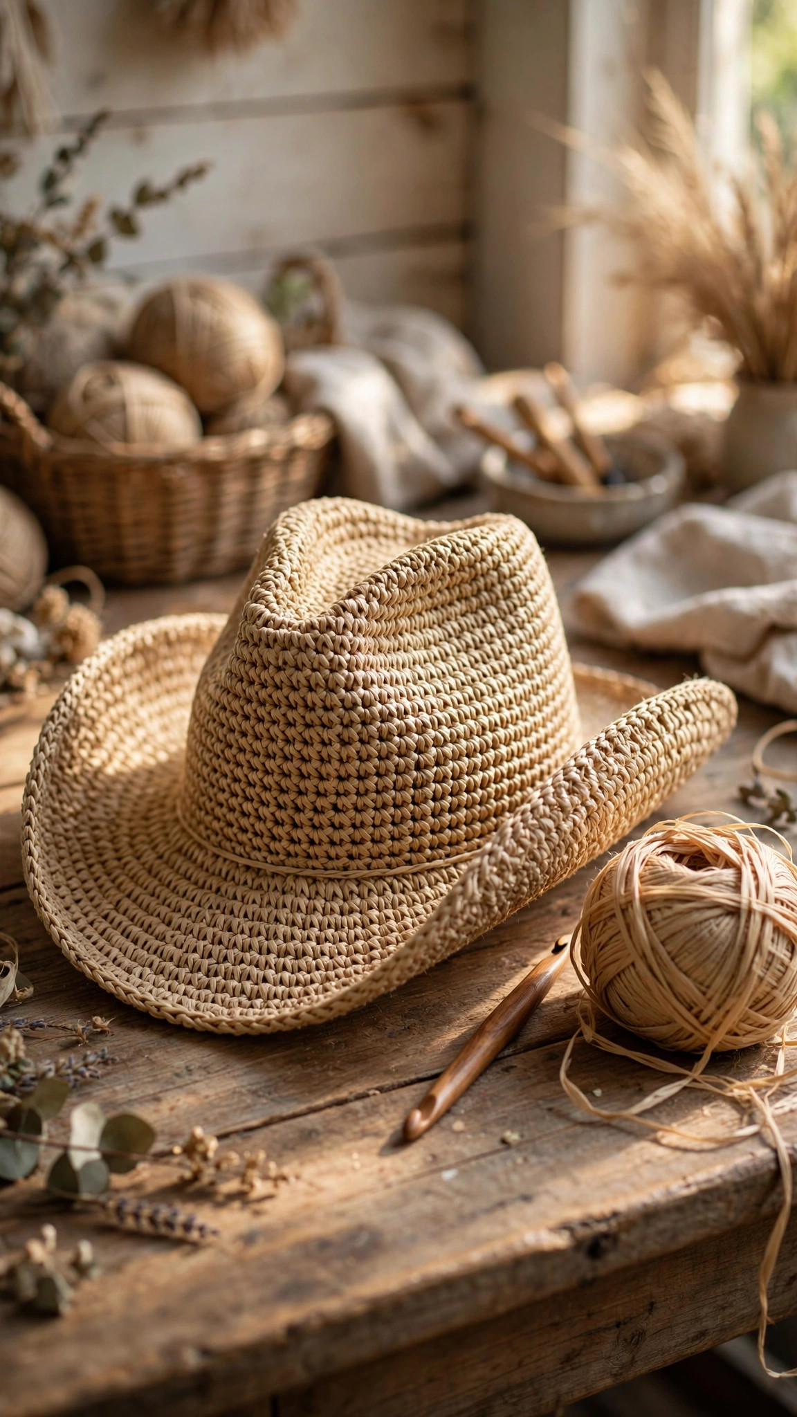 Crochet cowboy hat in natural raffia-tan yarn resting on a farmhouse table with yarn and a wooden crochet hook beside it