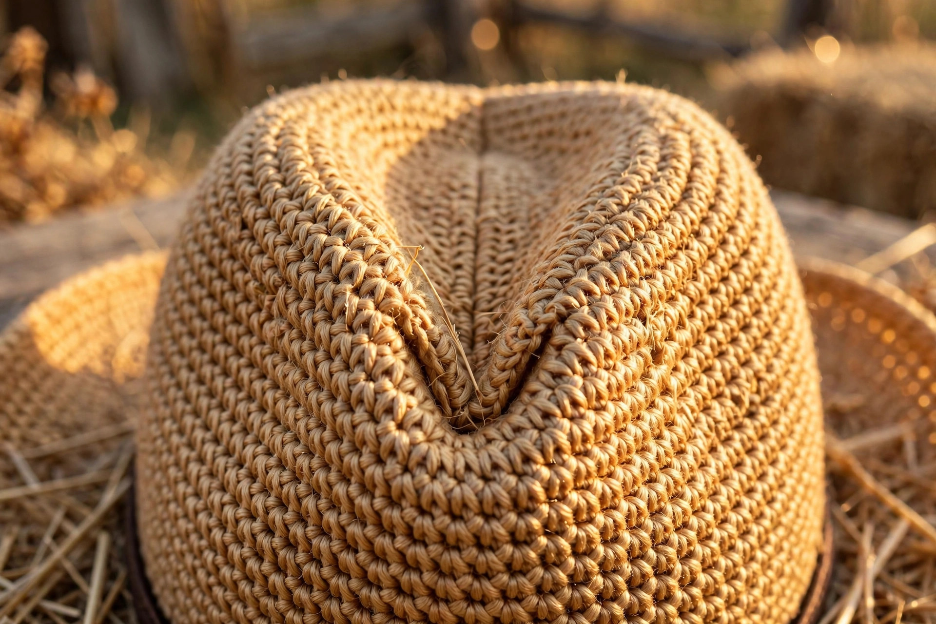 Close-up of the crochet cowboy hat crown showing the hand-shaped center crease and front pinch in crisp single crochet stitches