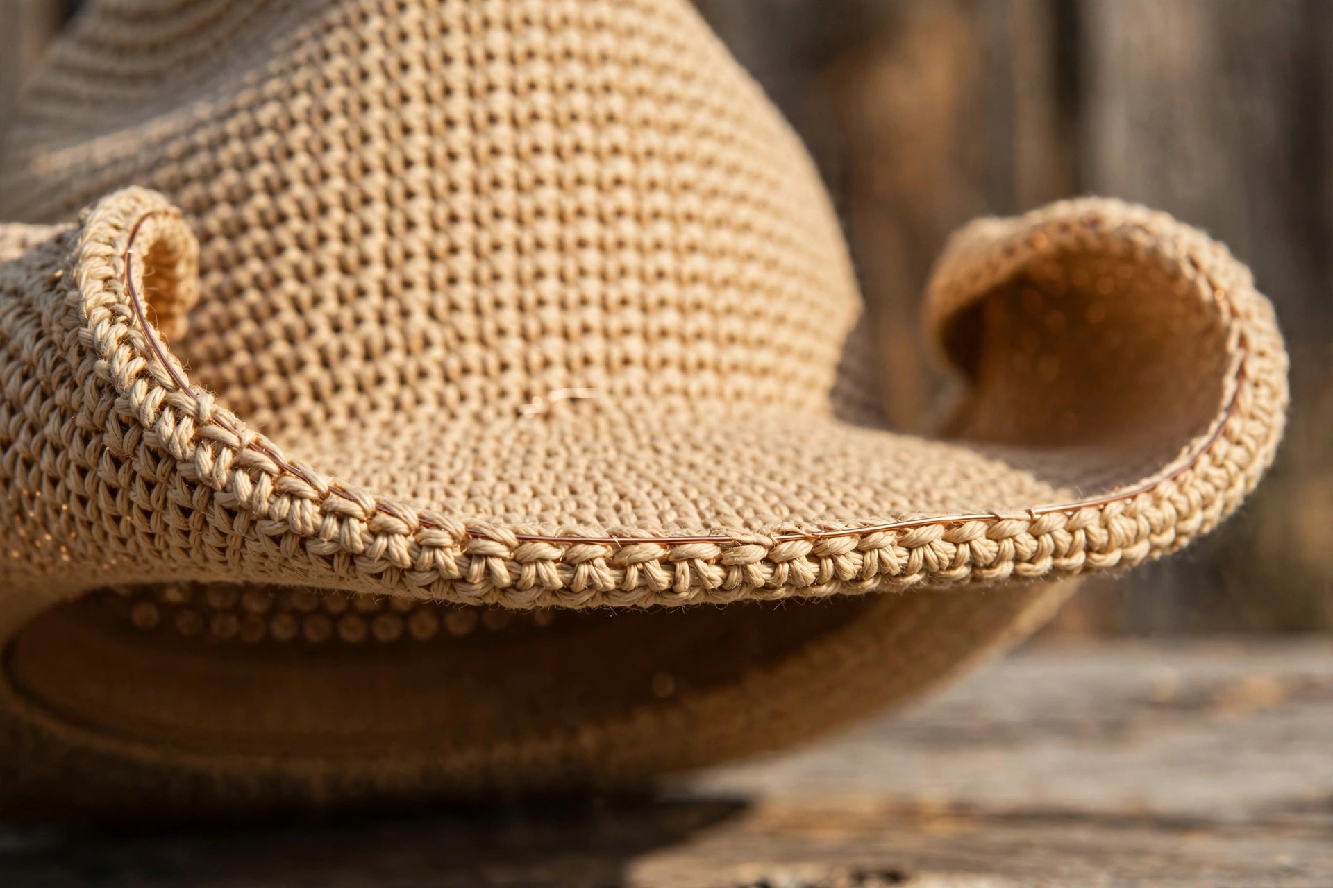 Close-up of the crochet cowboy hat brim edge showing neat finishing rounds and the wire held inside the final round