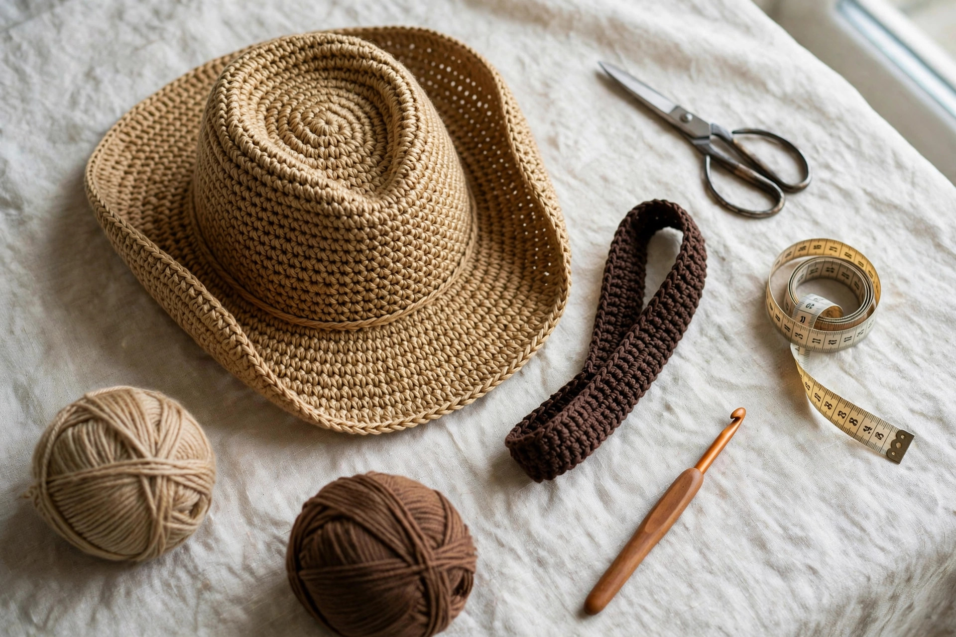 Finished crochet cowboy hat laid flat with its contrast hat band, balls of yarn, hook, scissors and measuring tape