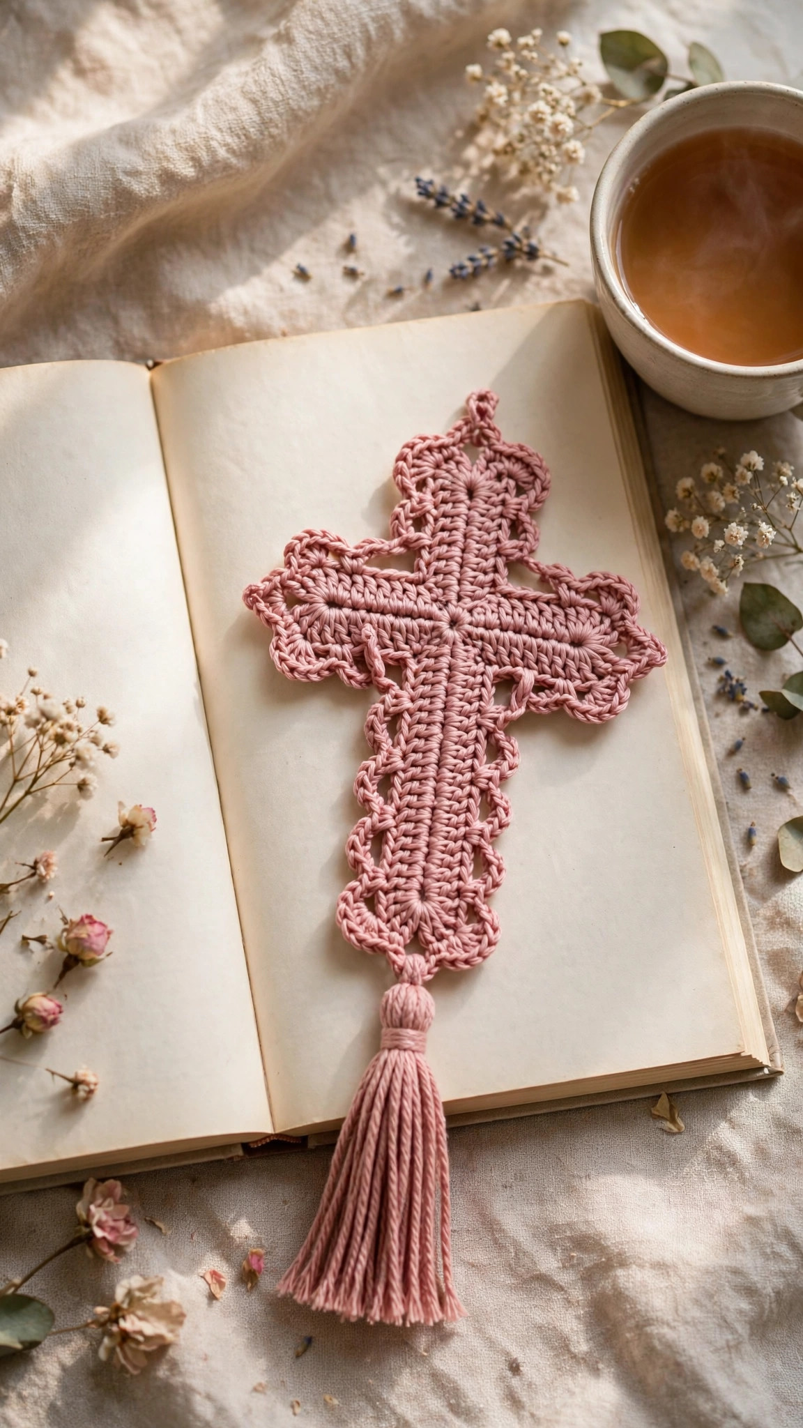 Pink crochet cross bookmark on an open book with tea and flowers in Pinterest styling — free cross bookmark crochet pattern