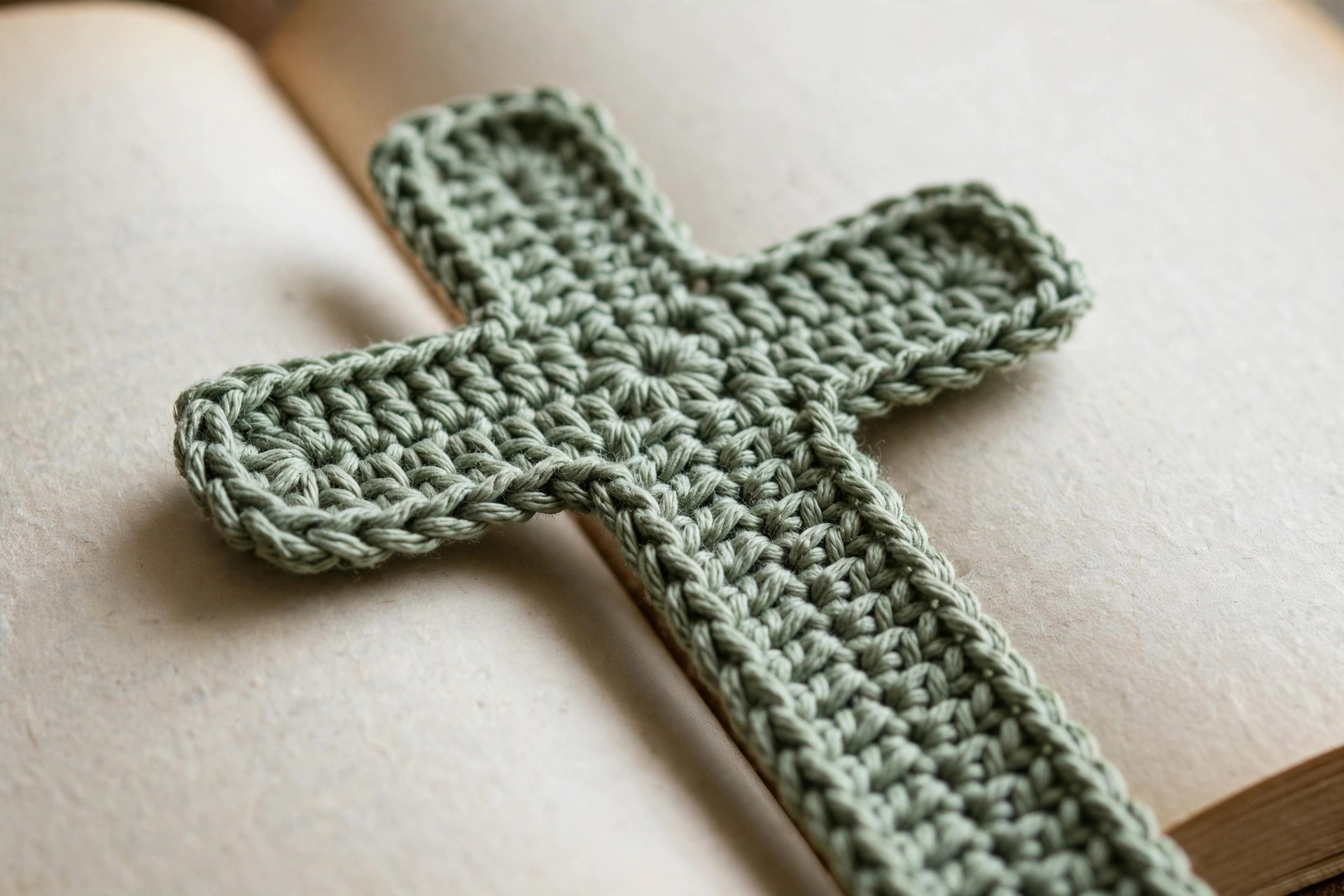 Close-up detail of a sage green crochet cross bookmark showing neat single crochet stitches and edging on an open book